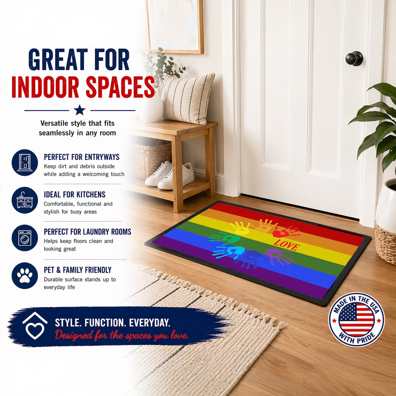 Gay Pride Love Hands Doormat Indoor Outdoor 18H X 27W Front Door Mat Rugs for Entryway, Non Slip Washable