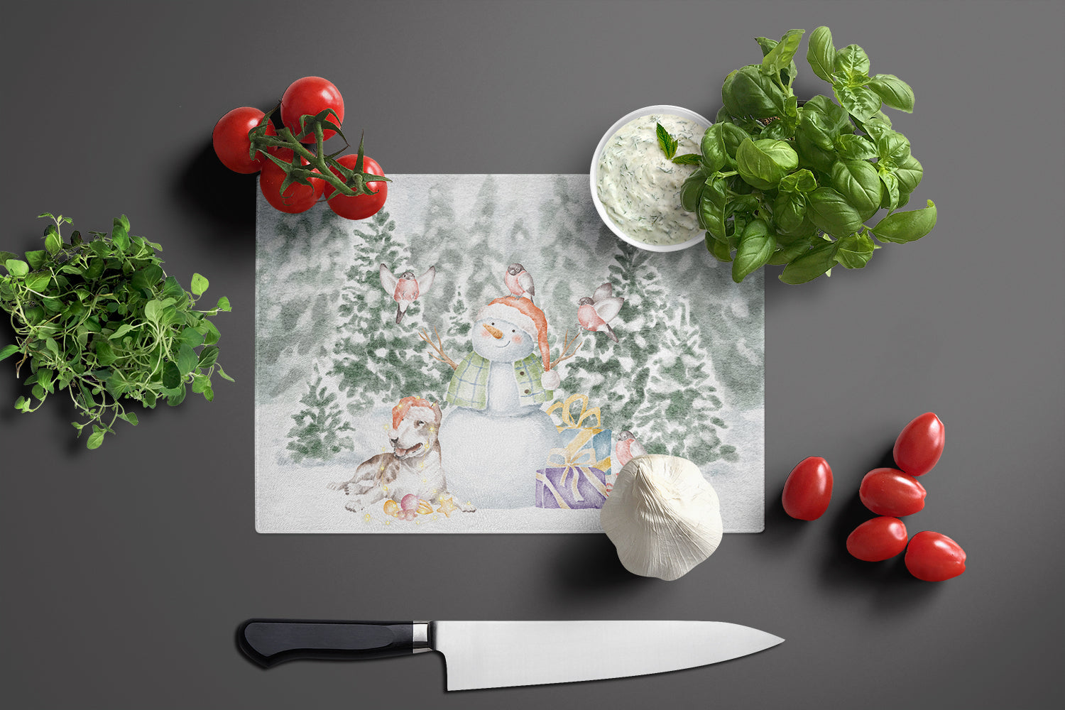 Bull Terrier Brindle and White Christmas Cutting Board Tempered Glass Kitchen Cutting Surface, Heat Resistant Chopping, Non-Slip Feet, Food Prep & Serving