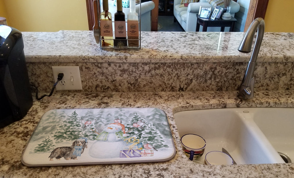 Dachshund Longhaired Christmas Dish Drying Mat Absorbent Dish Drying Mat Pad for Kitchen Counter Dish Drainer Mat for Countertop, 14 x 21", Multicolor