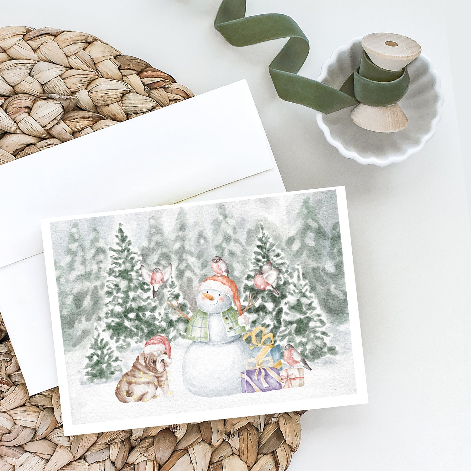 Bulldog Puppy Fawn and White Christmas Greeting Cards Pack of 8 Blank Cards with Envelopes Whimsical A7 Size 5x7