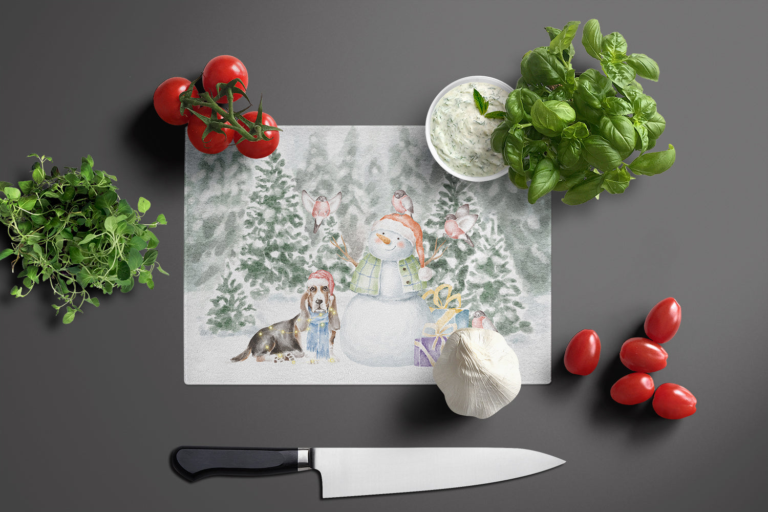 Basset Hound Tricolor Christmas Cutting Board Tempered Glass Kitchen Cutting Surface, Heat Resistant Chopping, Non-Slip Feet, Food Prep & Serving