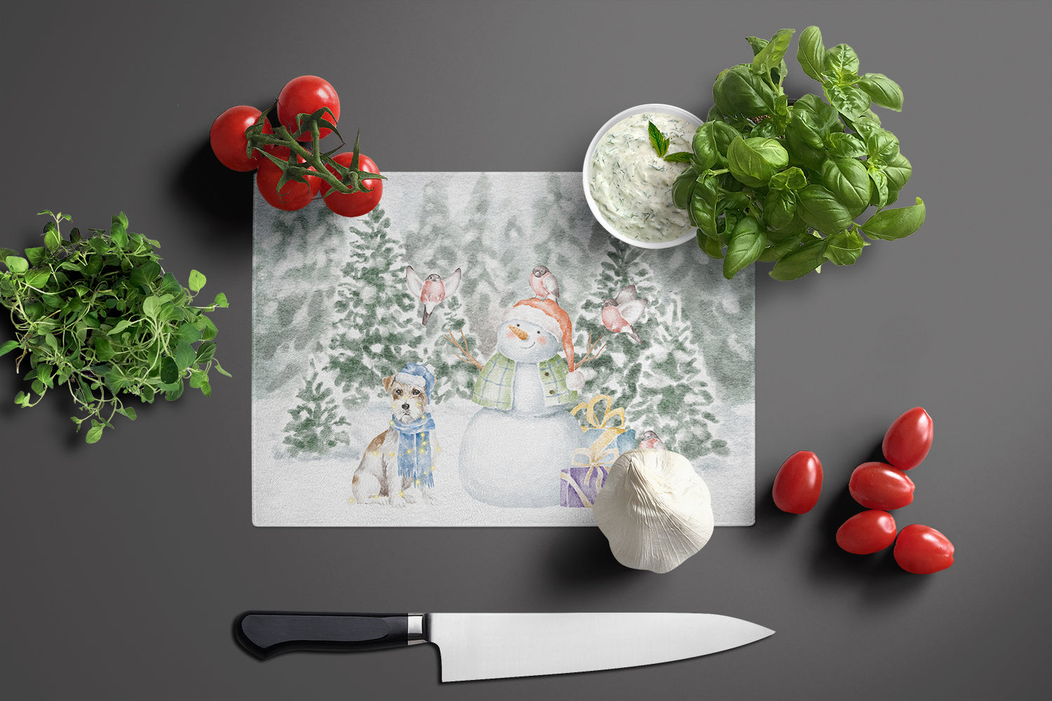 Jack Russell Terrier Wirehaired Christmas Cutting Board Tempered Glass Kitchen Cutting Surface, Heat Resistant Chopping, Non-Slip Feet, Food Prep & Serving
