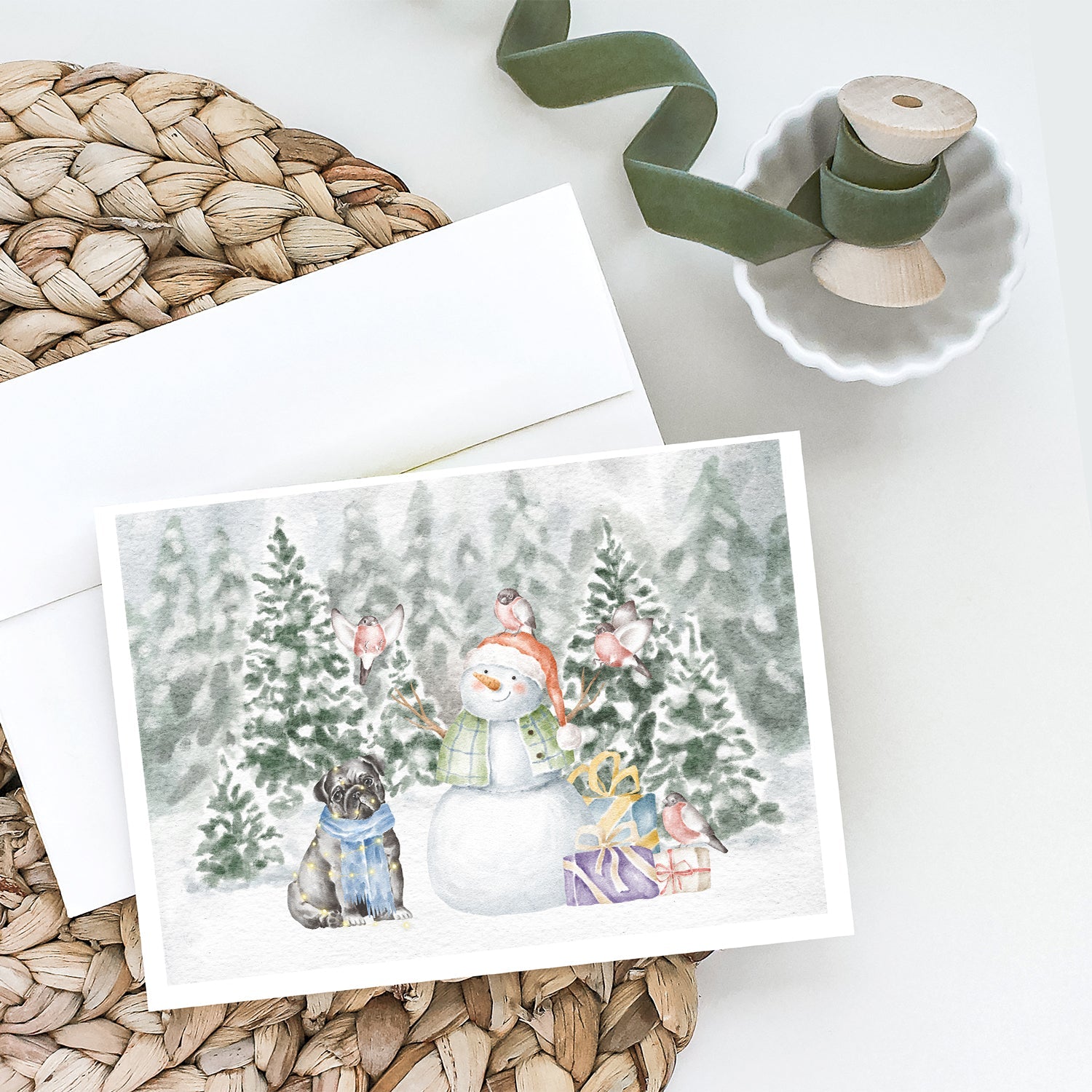 Pug Black Sitting Christmas Greeting Cards Pack of 8 Blank Cards with Envelopes Whimsical A7 Size 5x7