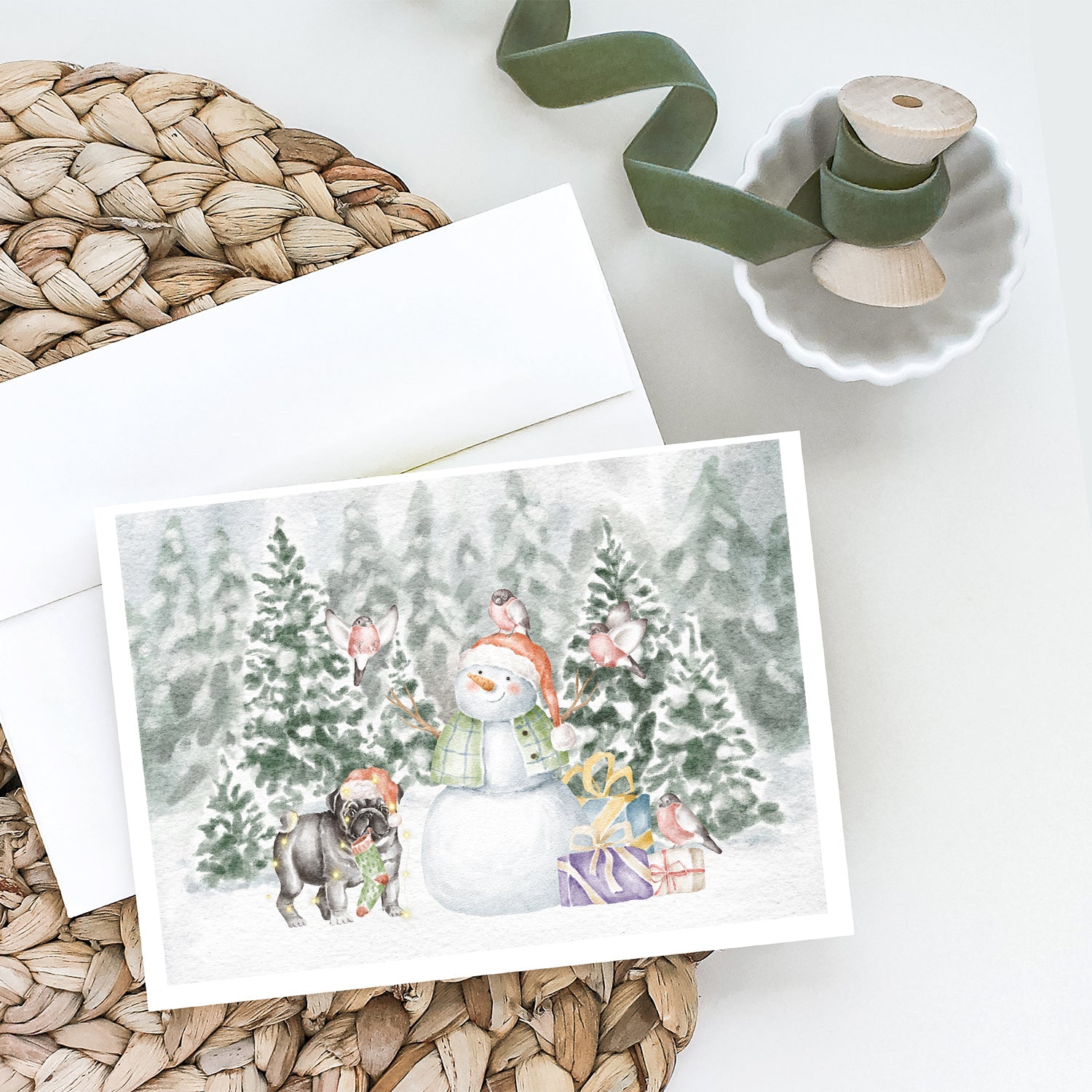Pug Black Standing Christmas Greeting Cards Pack of 8 Blank Cards with Envelopes Whimsical A7 Size 5x7