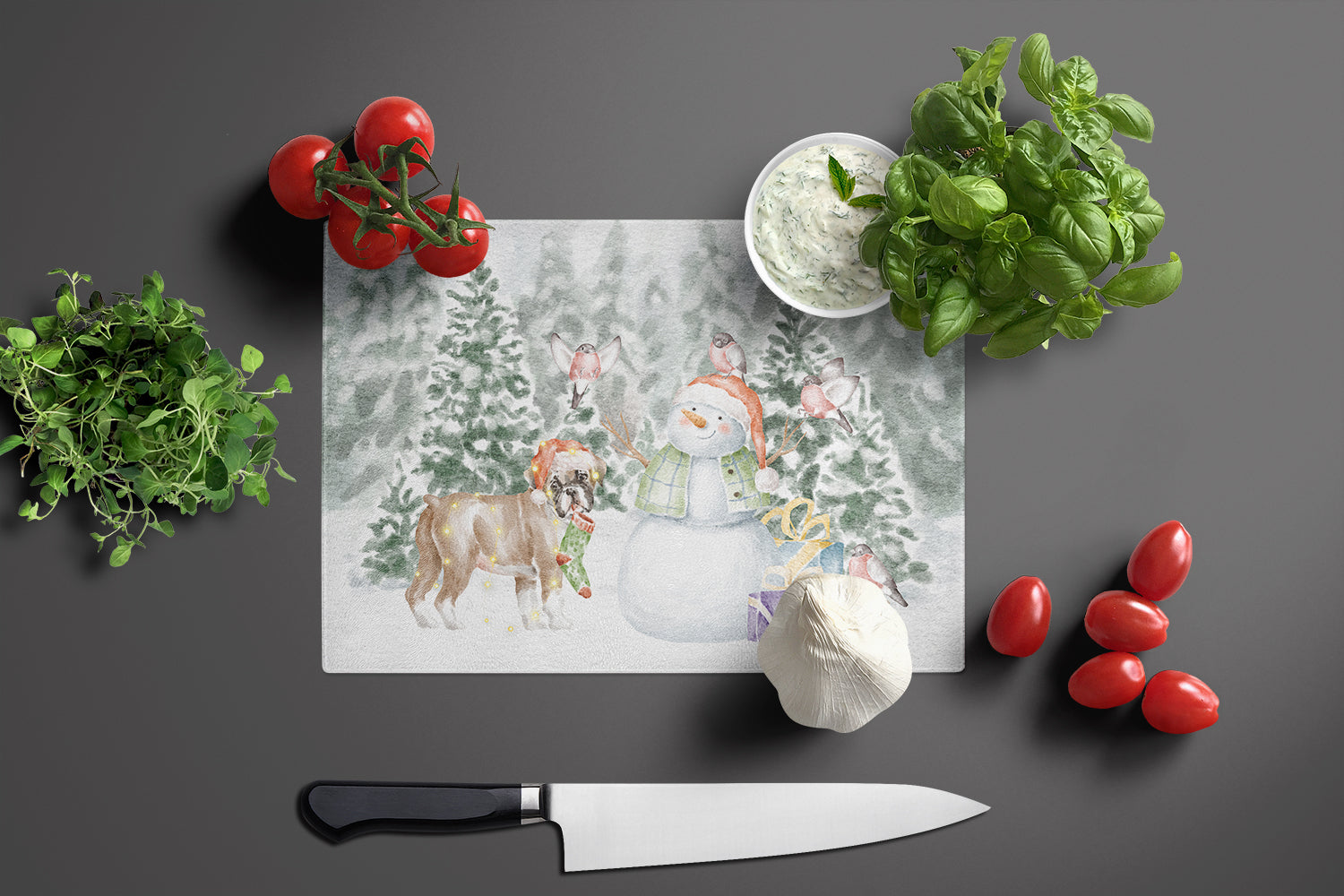 Boxer Fawn Puppy Standing Christmas Cutting Board Tempered Glass Kitchen Cutting Surface, Heat Resistant Chopping, Non-Slip Feet, Food Prep & Serving