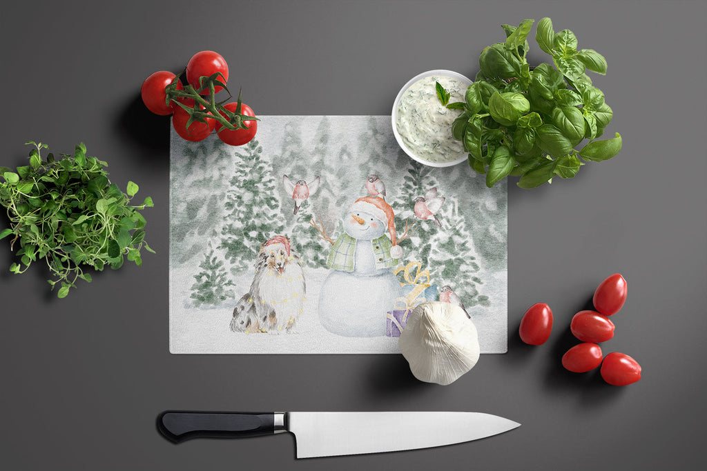 Sheltie/Shetland Sheepdog Blue Merle Christmas Cutting Board Tempered Glass Kitchen Cutting Surface, Heat Resistant Chopping, Non-Slip Feet, Food Prep & Serving
