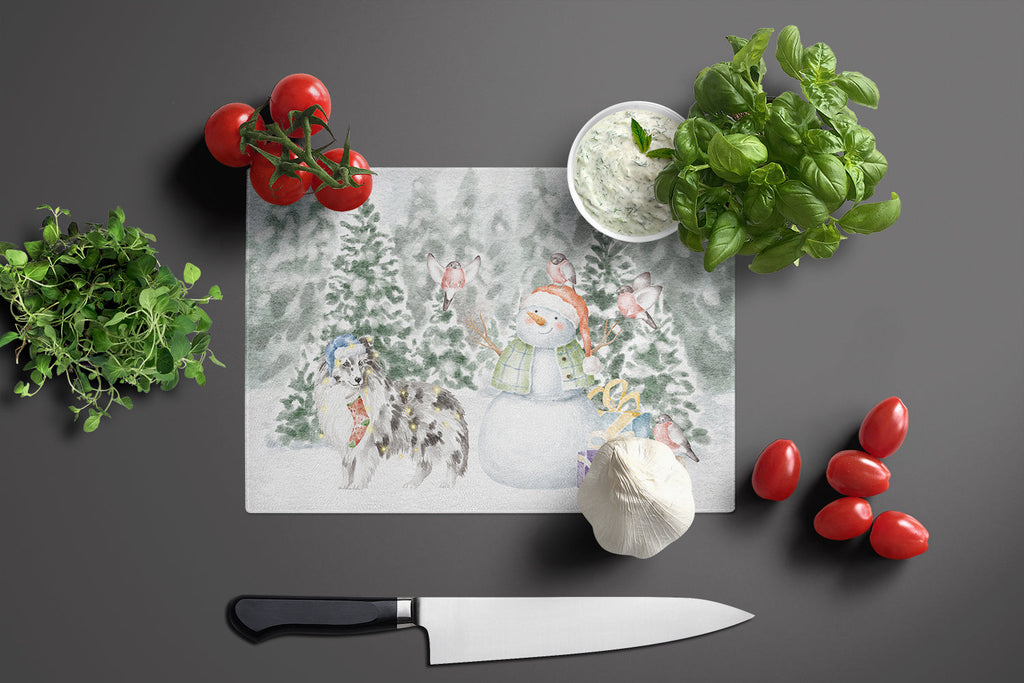Sheltie/Shetland Sheepdog Blue Merle Standing Christmas Cutting Board Tempered Glass Kitchen Cutting Surface, Heat Resistant Chopping, Non-Slip Feet, Food Prep & Serving