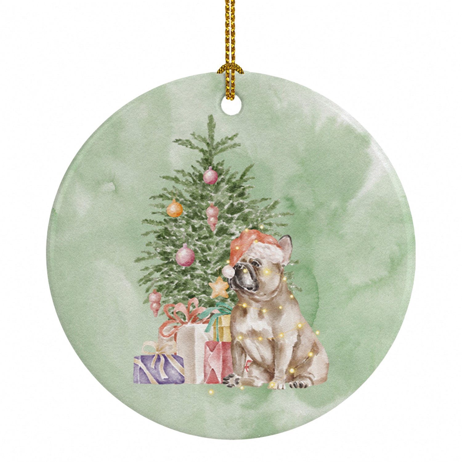 French Bulldog Fawn Christmas Presents and Tree Ceramic Ornament Christmas Tree Hanging Decorations for Home Christmas Holiday, Party, Gift, 3 in, Multicolor