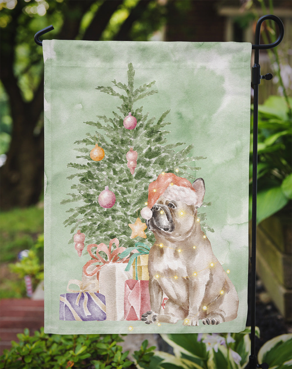 French Bulldog Fawn Christmas Presents and Tree Garden Flag Mailbox Decorative Yard Banner Outside Patio Artwork for Flower Beds, Garden Size, Multicolor