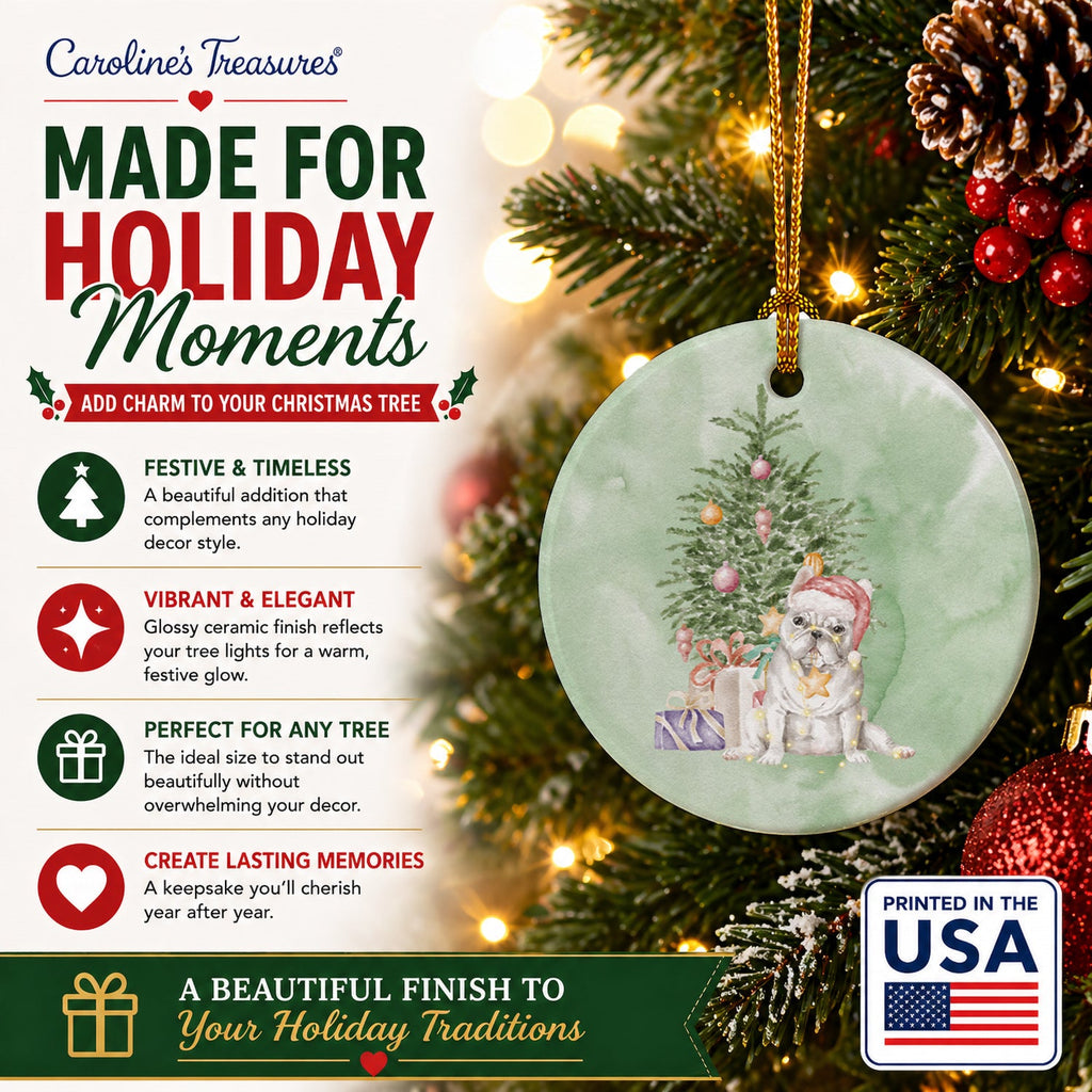 French Bulldog White Christmas Presents and Tree Ceramic Ornament Christmas Tree Hanging Decorations for Home Christmas Holiday, Party, Gift, 3 in, Multicolor