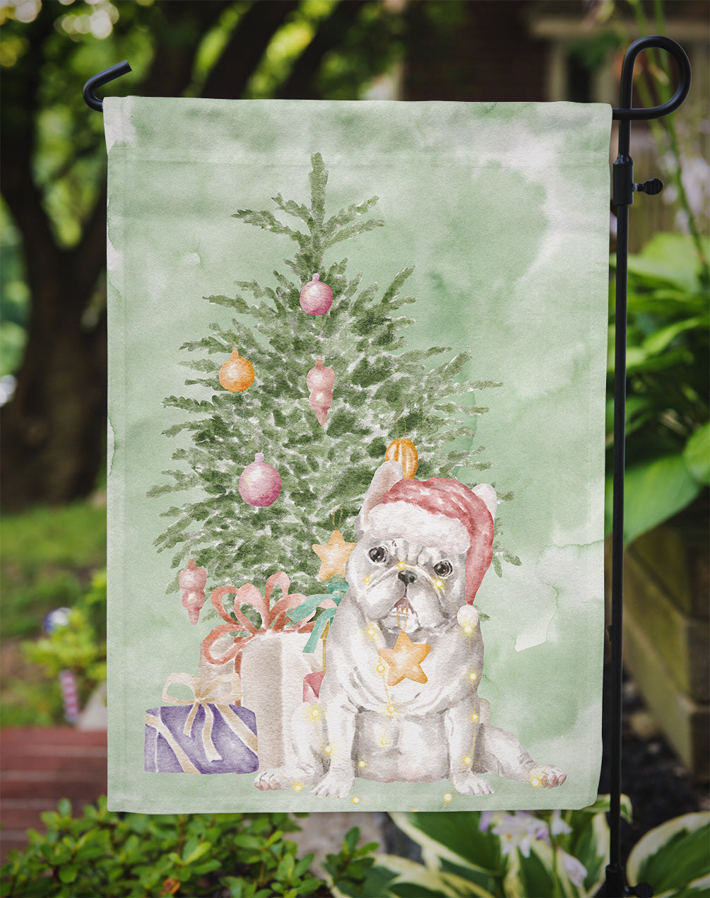 French Bulldog White Christmas Presents and Tree Garden Flag Mailbox Decorative Yard Banner Outside Patio Artwork for Flower Beds, Garden Size, Multicolor