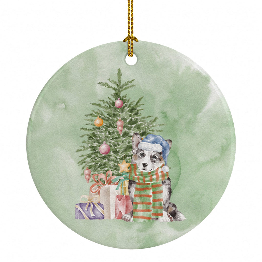 Corgi Cardigan Blue Merle Christmas Presents and Tree Ceramic Ornament Christmas Tree Hanging Decorations for Home Christmas Holiday, Party, Gift, 3 in, Multicolor