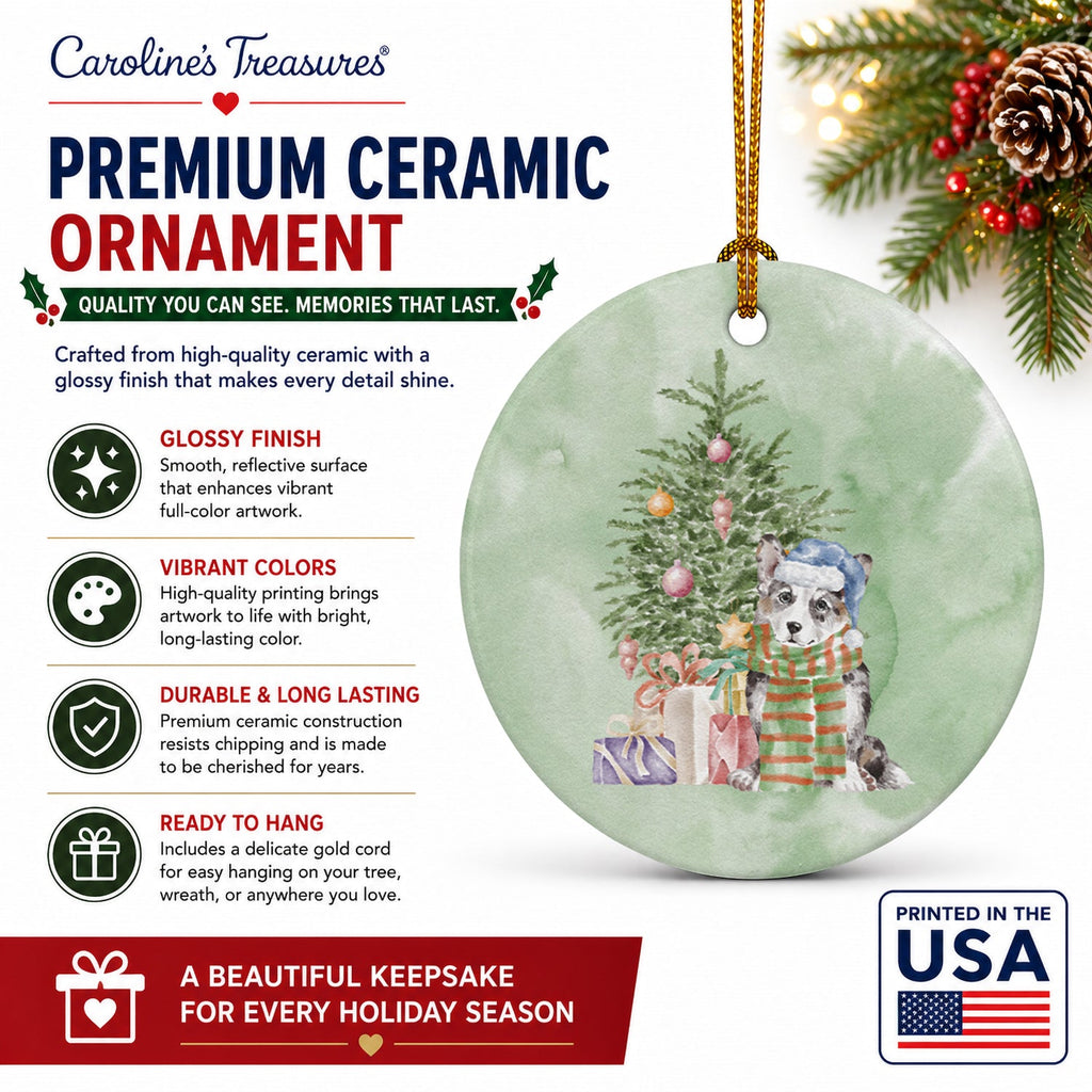 Corgi Cardigan Blue Merle Christmas Presents and Tree Ceramic Ornament Christmas Tree Hanging Decorations for Home Christmas Holiday, Party, Gift, 3 in, Multicolor