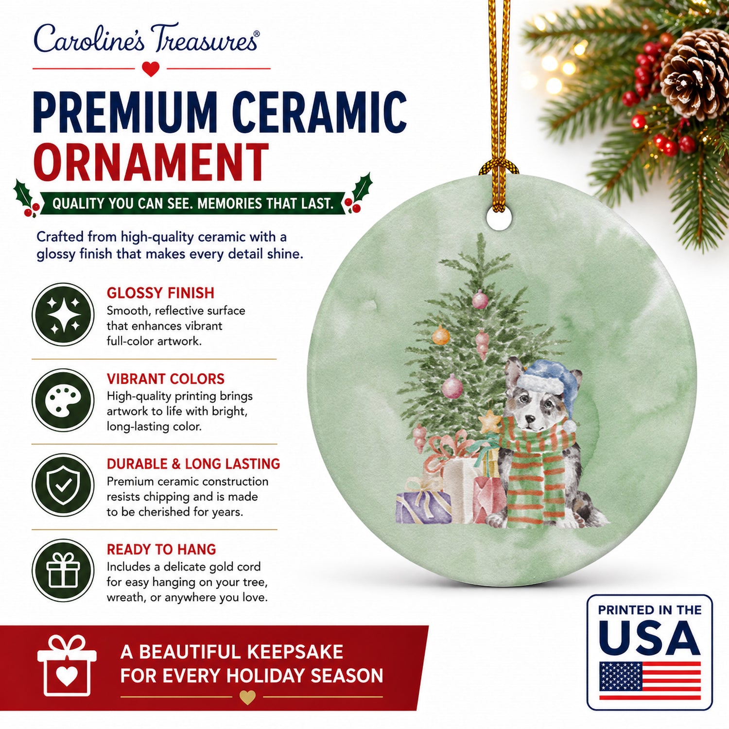 Corgi Cardigan Blue Merle Christmas Presents and Tree Ceramic Ornament Christmas Tree Hanging Decorations for Home Christmas Holiday, Party, Gift, 3 in, Multicolor