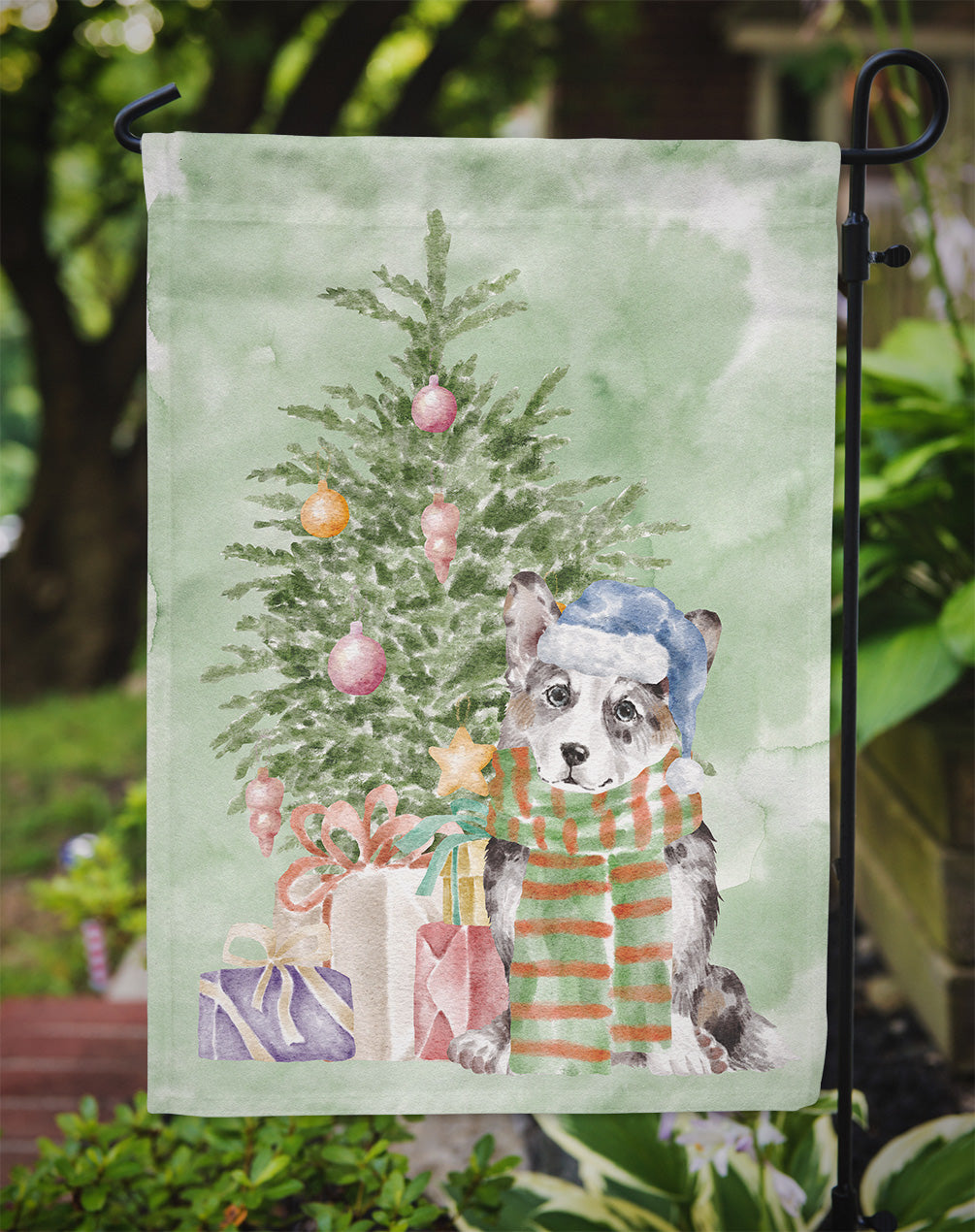 Corgi Cardigan Blue Merle Christmas Presents and Tree Garden Flag Mailbox Decorative Yard Banner Outside Patio Artwork for Flower Beds, Garden Size, Multicolor