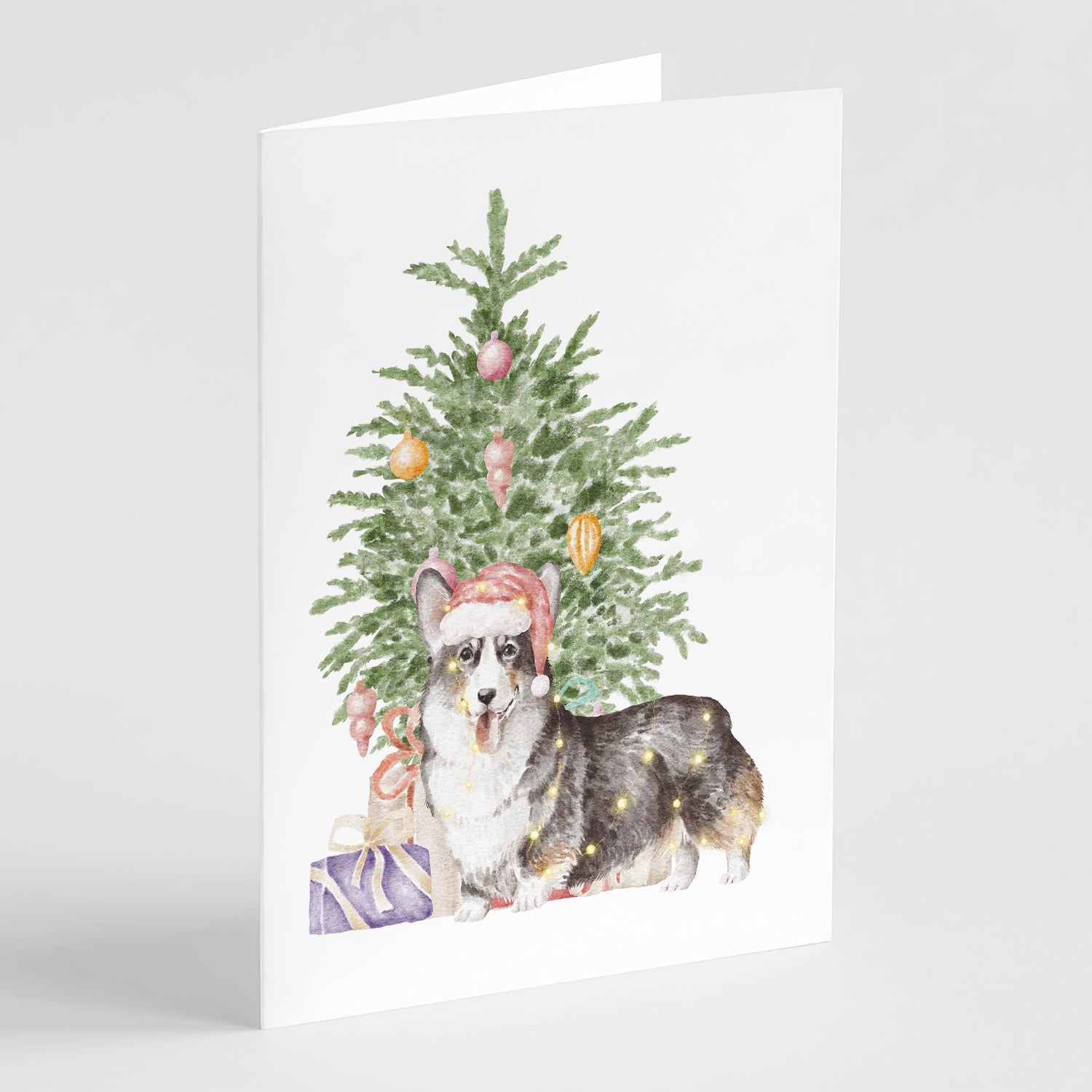 Corgi Pembroke Tricolor Christmas Presents and Tree Greeting Cards Pack of 8 Blank Cards with Envelopes Whimsical A7 Size 5x7