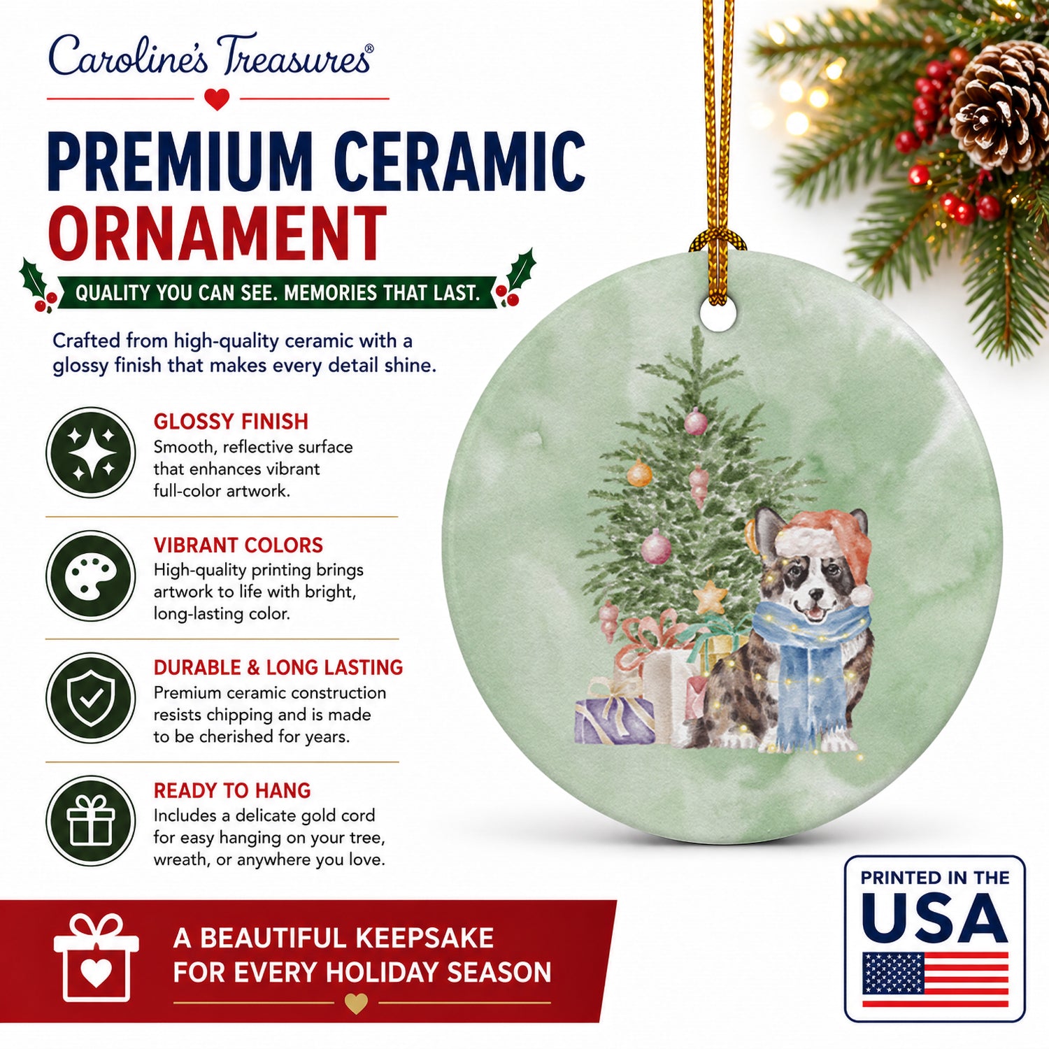 Corgi Cardigan Christmas Presents and Tree Ceramic Ornament Christmas Tree Hanging Decorations for Home Christmas Holiday, Party, Gift, 3 in, Multicolor