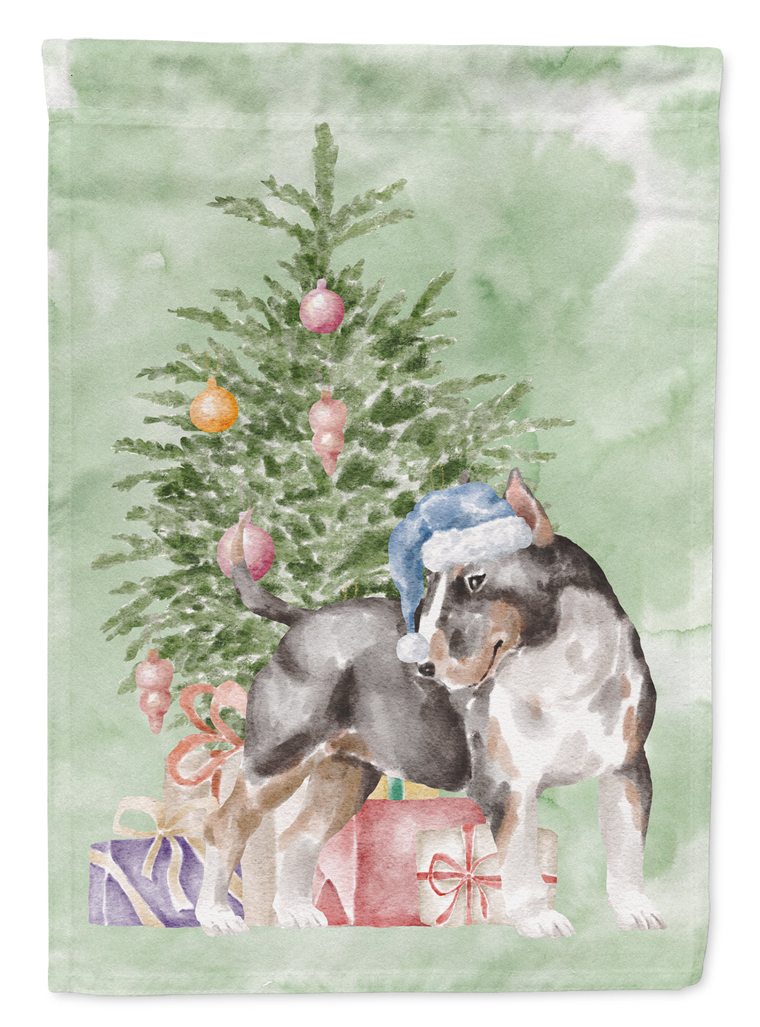 Bull Terrier Tricolor Christmas Presents and Tree House Flag 28x40 Porch Sleeve Pole Decorative Outside Yard Banner Artwork Wall Hanging, Polyester