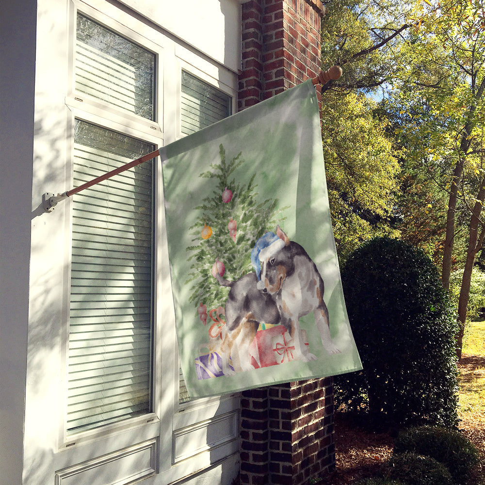Bull Terrier Tricolor Christmas Presents and Tree House Flag 28x40 Porch Sleeve Pole Decorative Outside Yard Banner Artwork Wall Hanging, Polyester