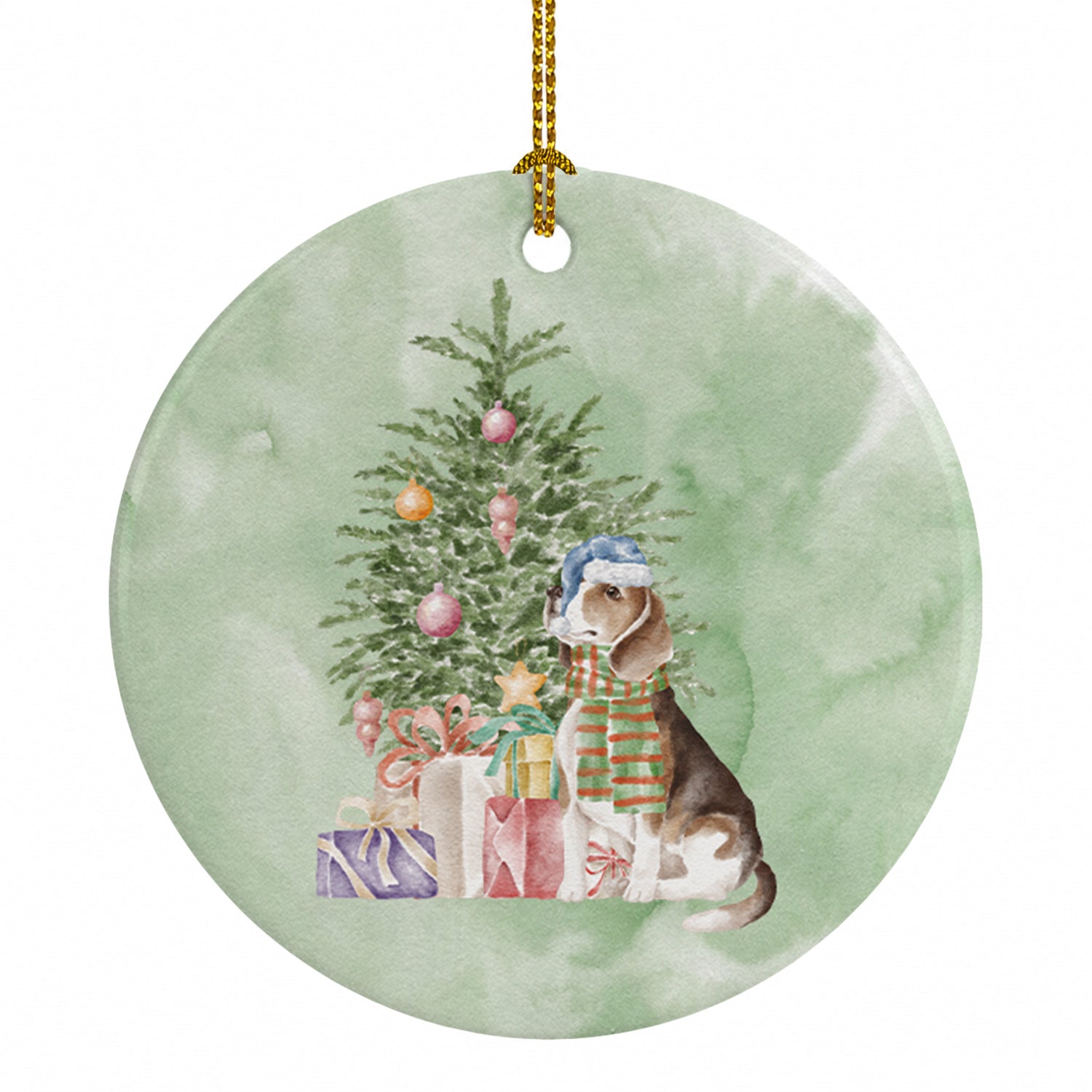 Beagle Christmas Presents and Tree Ceramic Ornament Christmas Tree Hanging Decorations for Home Christmas Holiday, Party, Gift, 3 in, Multicolor