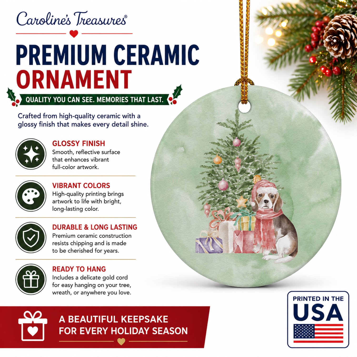 Beagle Puppy Christmas Presents and Tree Ceramic Ornament Christmas Tree Hanging Decorations for Home Christmas Holiday, Party, Gift, 3 in, Multicolor
