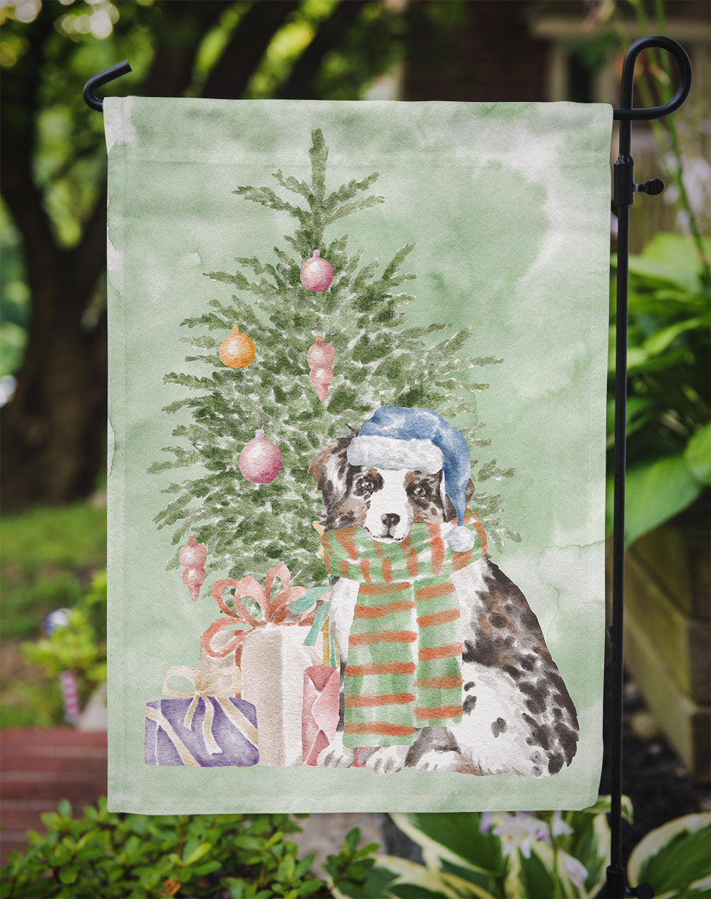 Australian Shepherd Puppy Christmas Presents and Tree Garden Flag Mailbox Decorative Yard Banner Outside Patio Artwork for Flower Beds, Garden Size, Multicolor