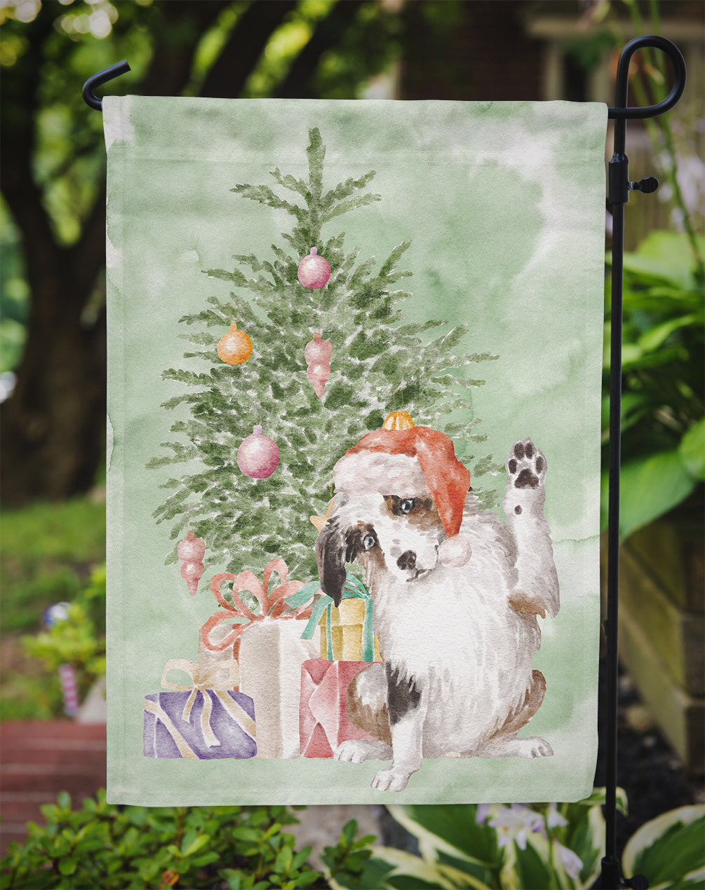Australian Shepherd High Five Christmas Presents and Tree Garden Flag Mailbox Decorative Yard Banner Outside Patio Artwork for Flower Beds, Garden Size, Multicolor