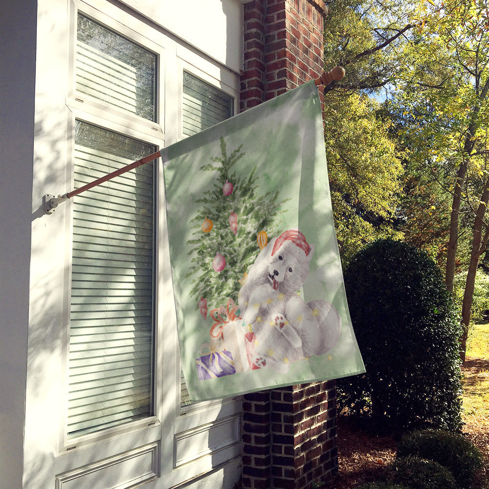Samoyed Caught Up Christmas Presents and Tree House Flag 28x40 Porch Sleeve Pole Decorative Outside Yard Banner Artwork Wall Hanging, Polyester