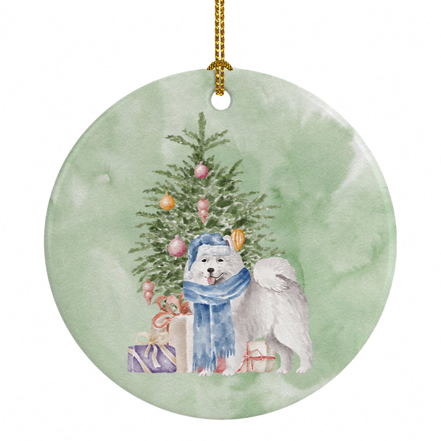 Samoyed #2 Christmas Presents and Tree Ceramic Ornament Christmas Tree Hanging Decorations for Home Christmas Holiday, Party, Gift, 3 in, Multicolor