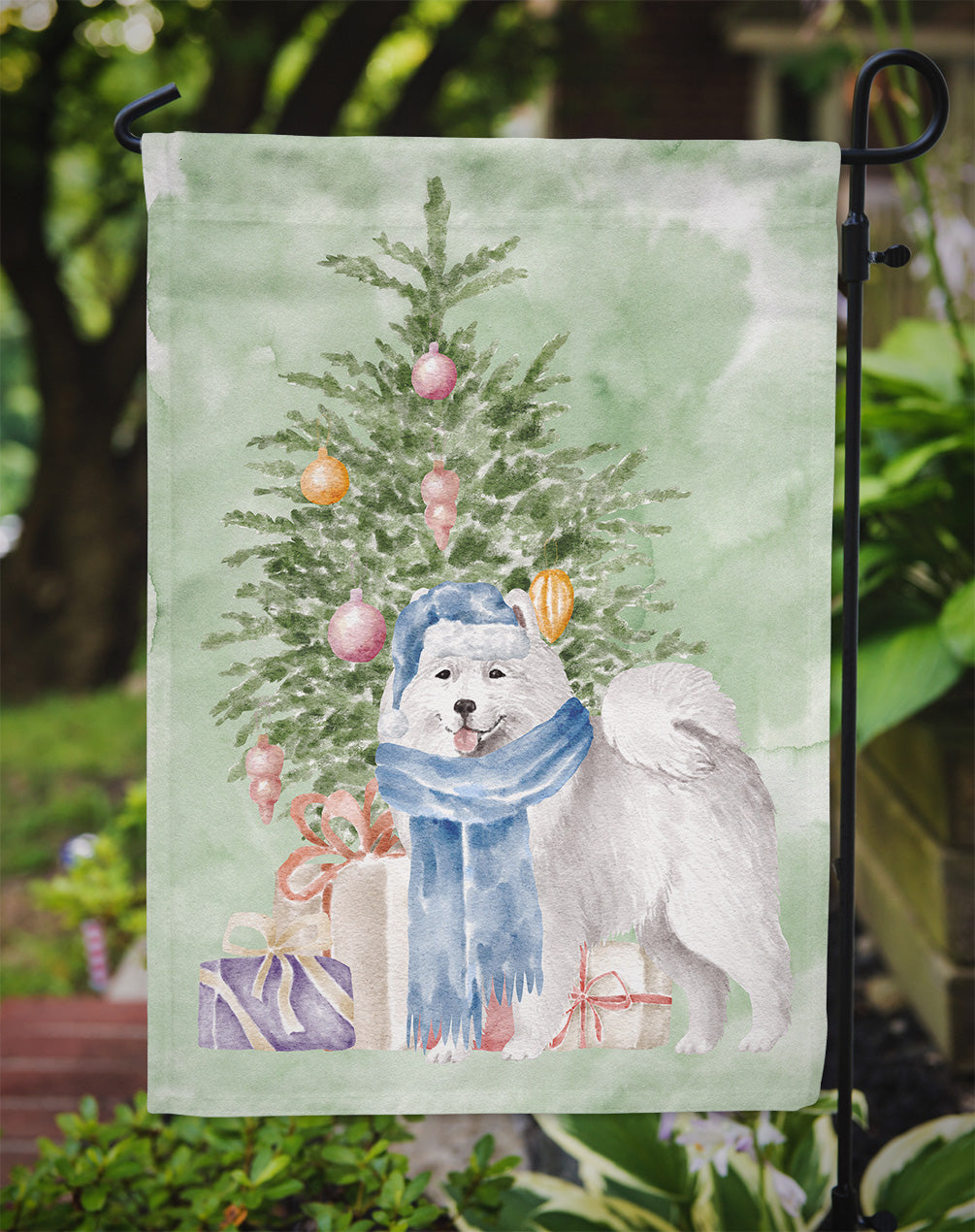 Samoyed #2 Christmas Presents and Tree Garden Flag Mailbox Decorative Yard Banner Outside Patio Artwork for Flower Beds, Garden Size, Multicolor