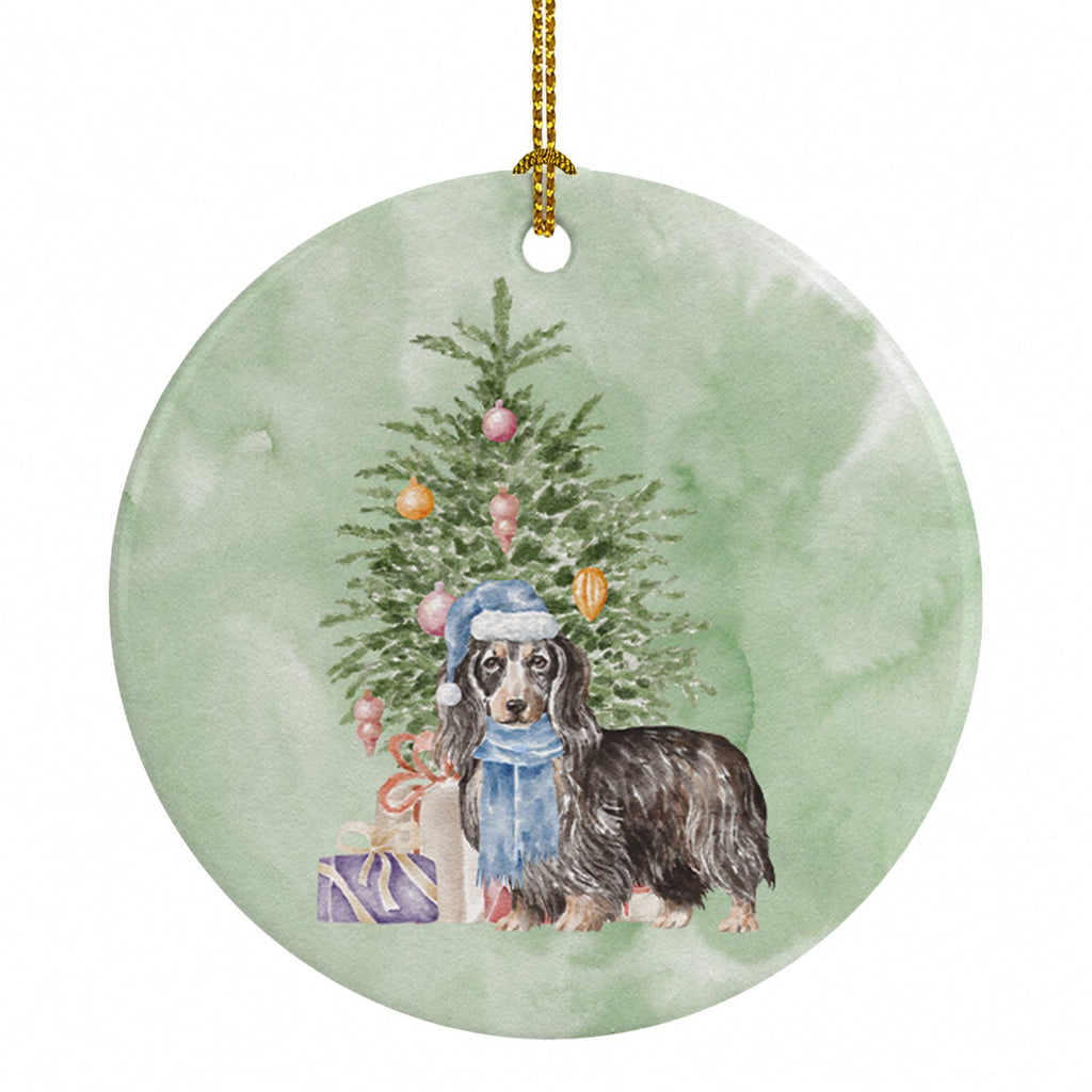 Dachshund Longhair Black Tan Christmas Presents and Tree Ceramic Ornament Christmas Tree Hanging Decorations for Home Christmas Holiday, Party, Gift, 3 in, Multicolor