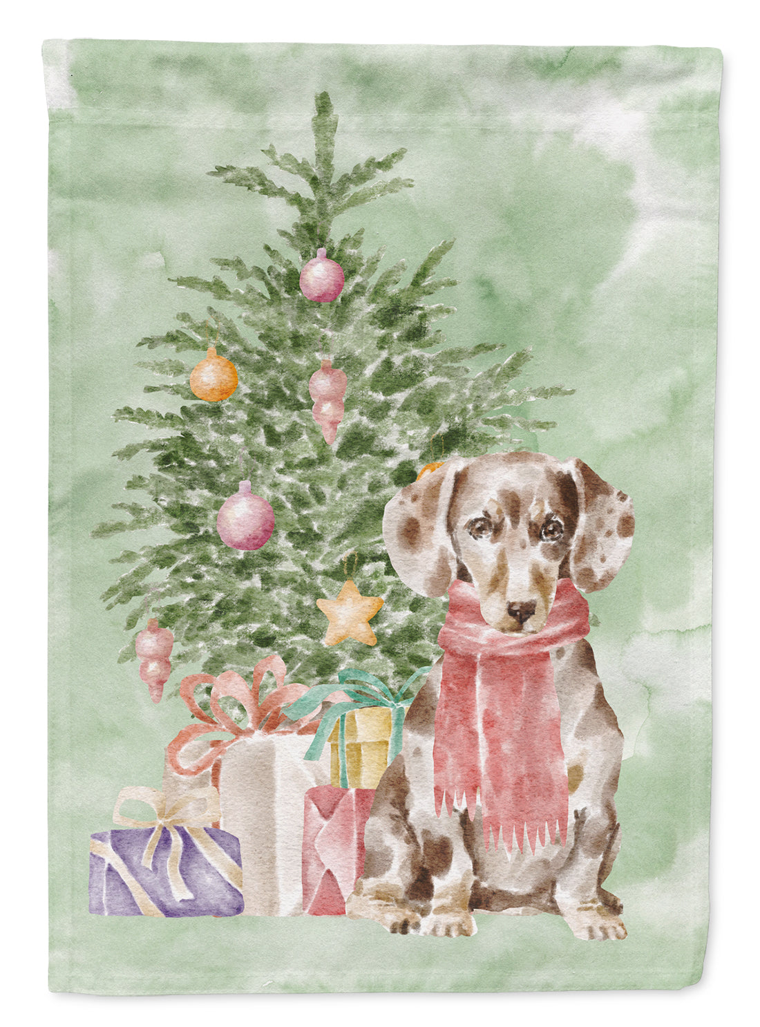 Dachshund Chocolate Piebald Dapple Christmas Presents and Tree House Flag 28x40 Porch Sleeve Pole Decorative Outside Yard Banner Artwork Wall Hanging, Polyester