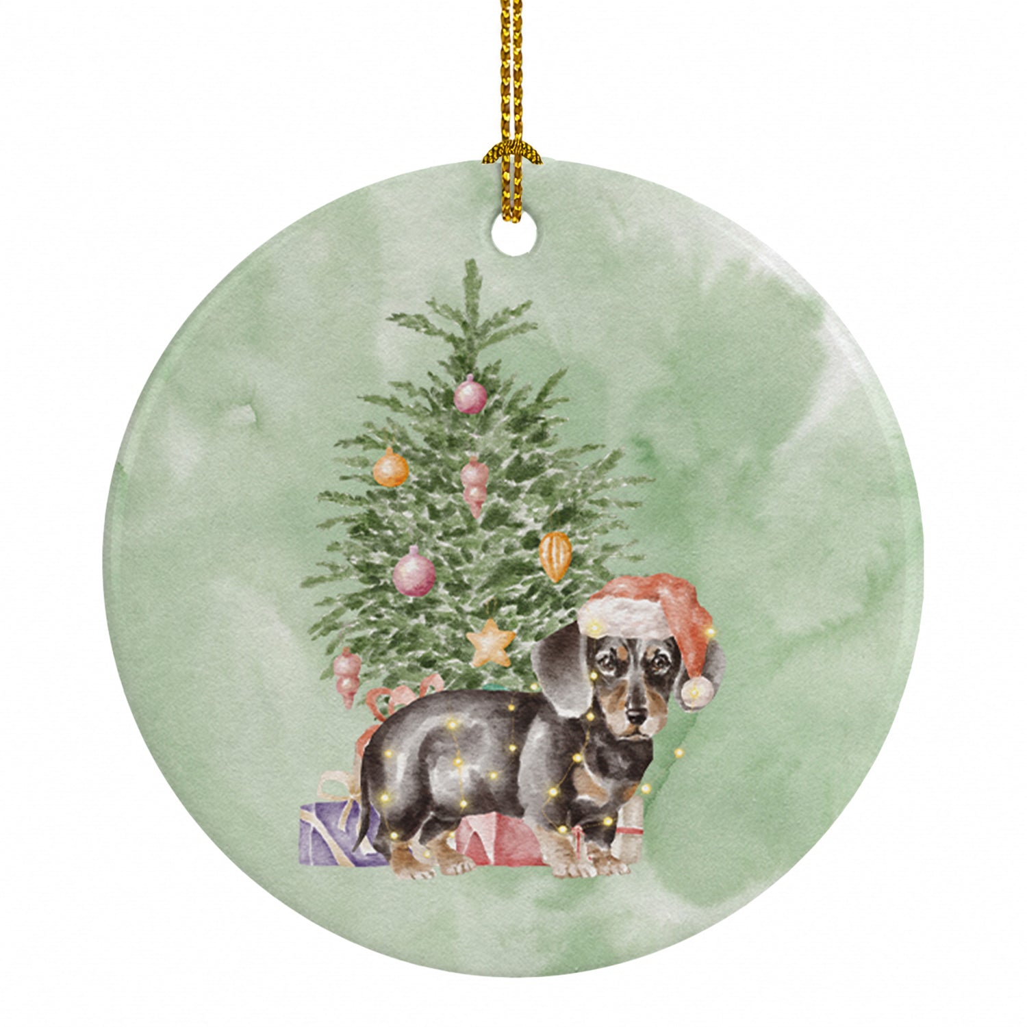 Dachshund Black Tan Puppy Christmas Presents and Tree Ceramic Ornament Christmas Tree Hanging Decorations for Home Christmas Holiday, Party, Gift, 3 in, Multicolor