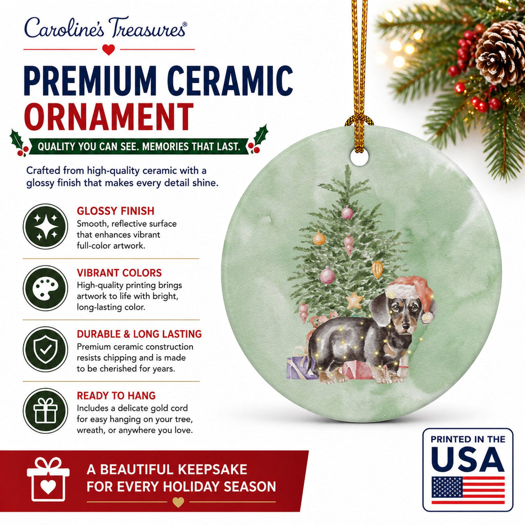 Dachshund Black Tan Puppy Christmas Presents and Tree Ceramic Ornament Christmas Tree Hanging Decorations for Home Christmas Holiday, Party, Gift, 3 in, Multicolor