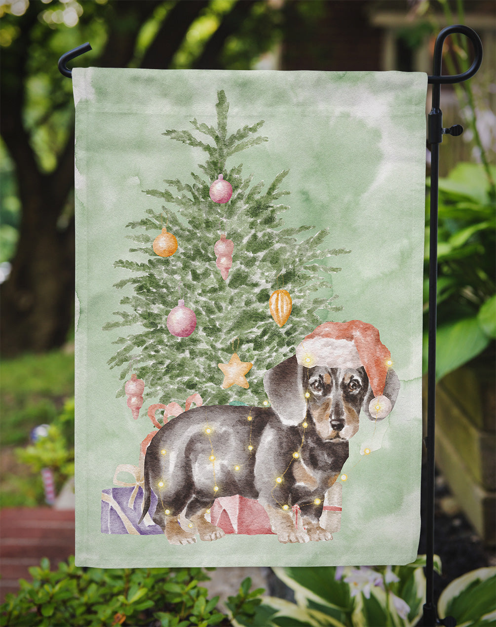 Dachshund Black Tan Puppy Christmas Presents and Tree Garden Flag Mailbox Decorative Yard Banner Outside Patio Artwork for Flower Beds, Garden Size, Multicolor