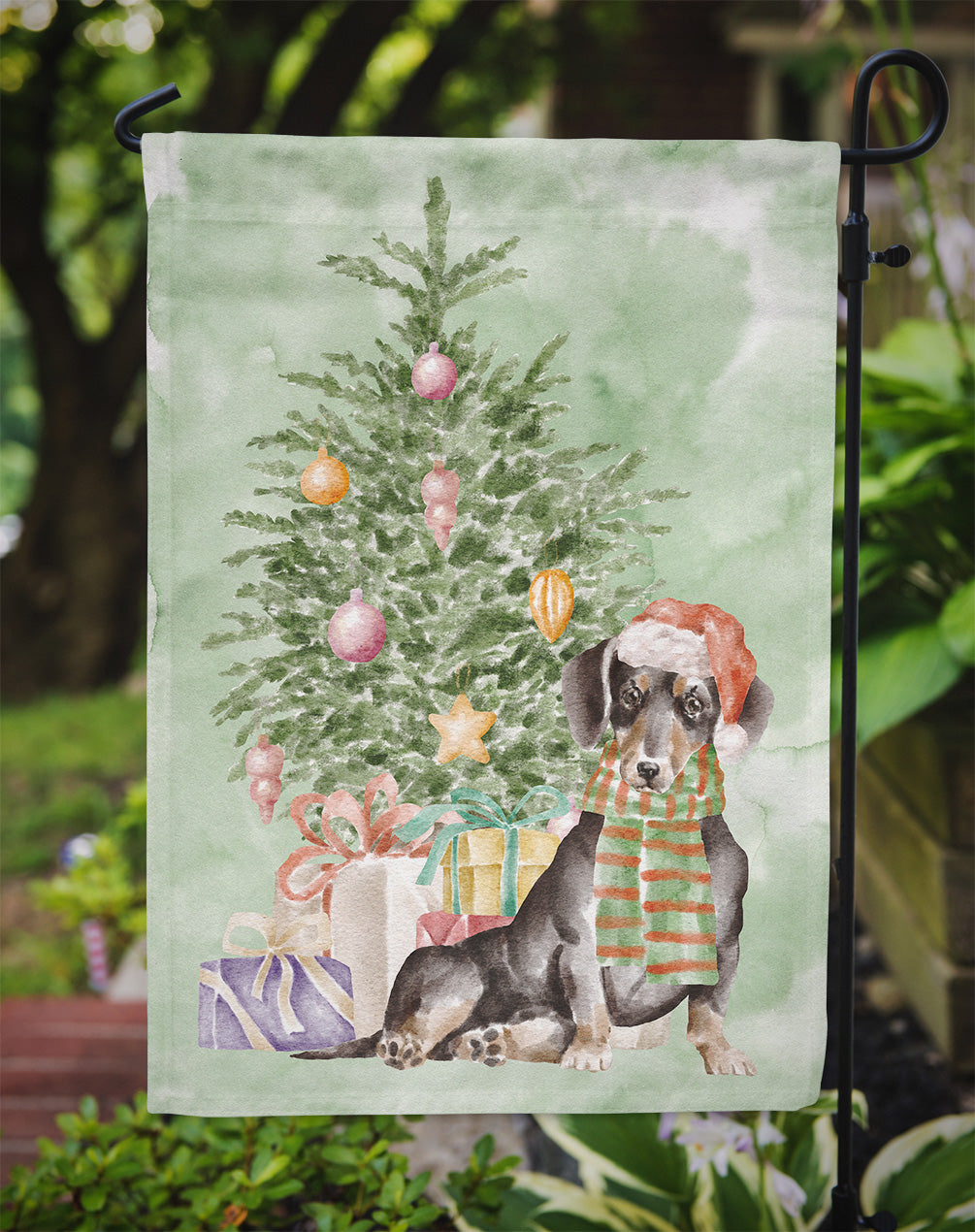 Dachshund Black Tan Christmas Presents and Tree Garden Flag Mailbox Decorative Yard Banner Outside Patio Artwork for Flower Beds, Garden Size, Multicolor