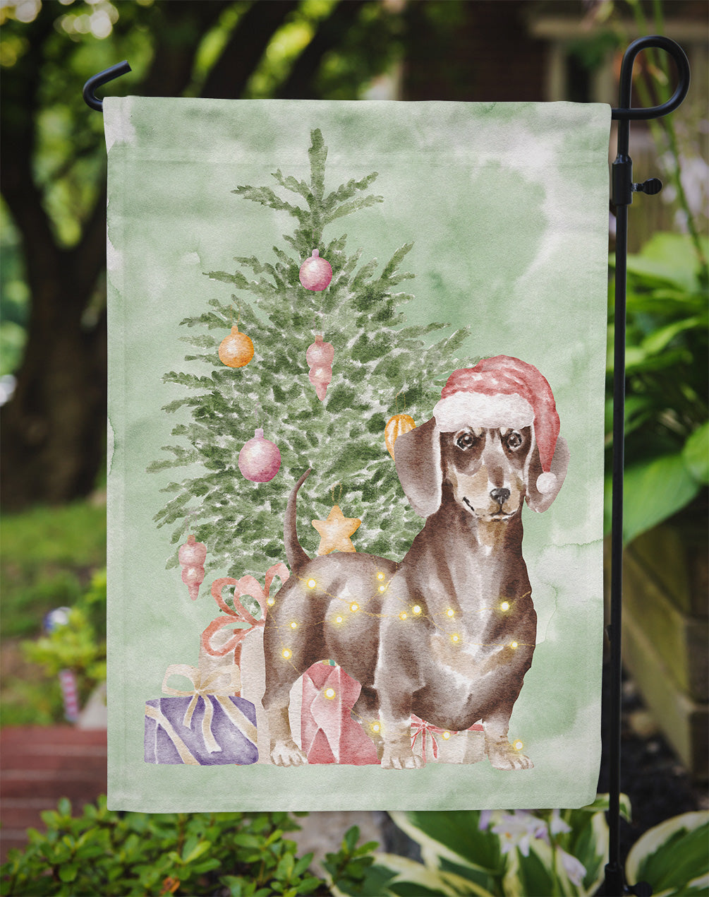 Dachshund Chocolate Tan Christmas Presents and Tree Garden Flag Mailbox Decorative Yard Banner Outside Patio Artwork for Flower Beds, Garden Size, Multicolor