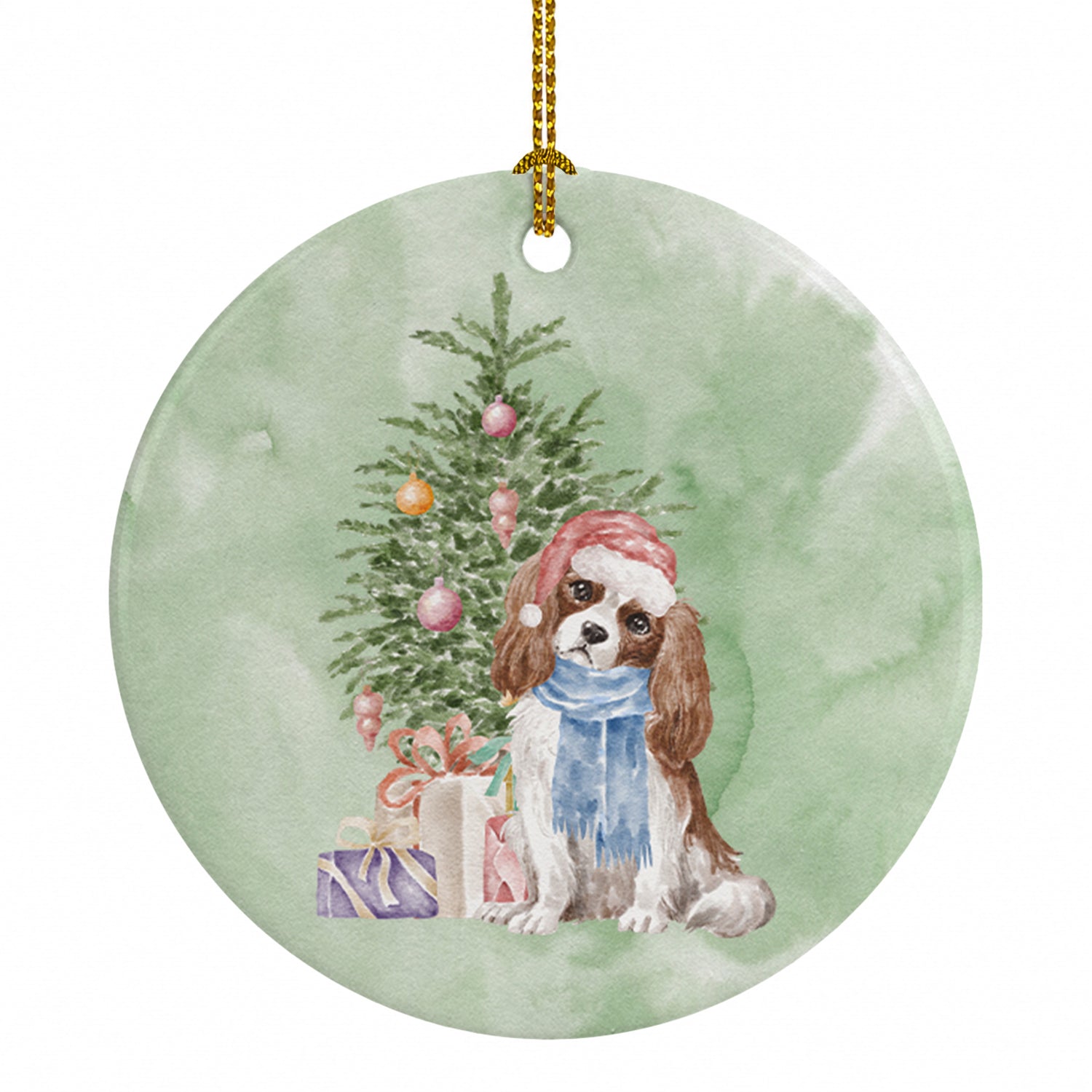 Cavalier Spaniel Tricolor Blenheim Christmas Presents and Tree Ceramic Ornament Christmas Tree Hanging Decorations for Home Christmas Holiday, Party, Gift, 3 in, Multicolor