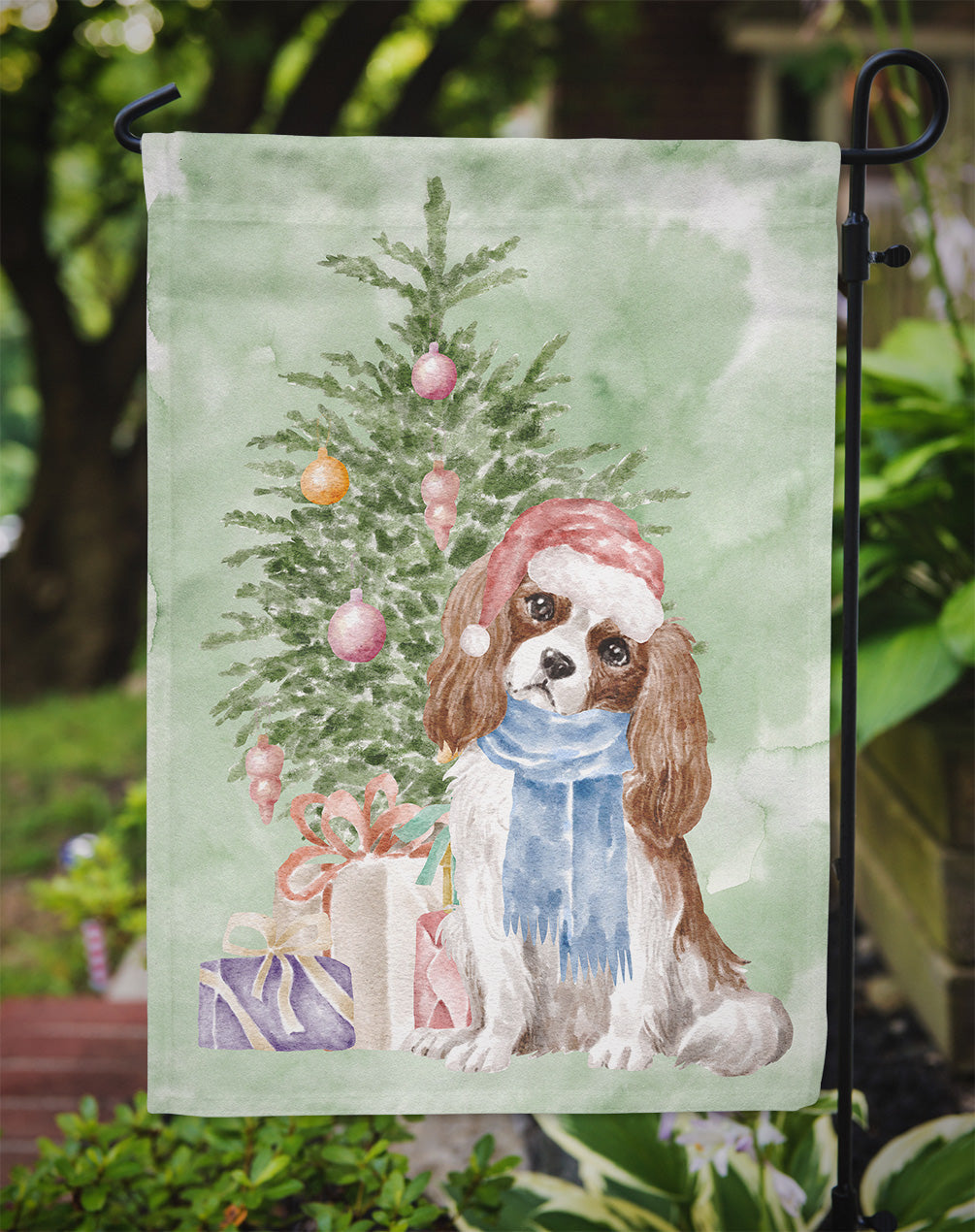 Cavalier Spaniel Tricolor Blenheim Christmas Presents and Tree Garden Flag Mailbox Decorative Yard Banner Outside Patio Artwork for Flower Beds, Garden Size, Multicolor