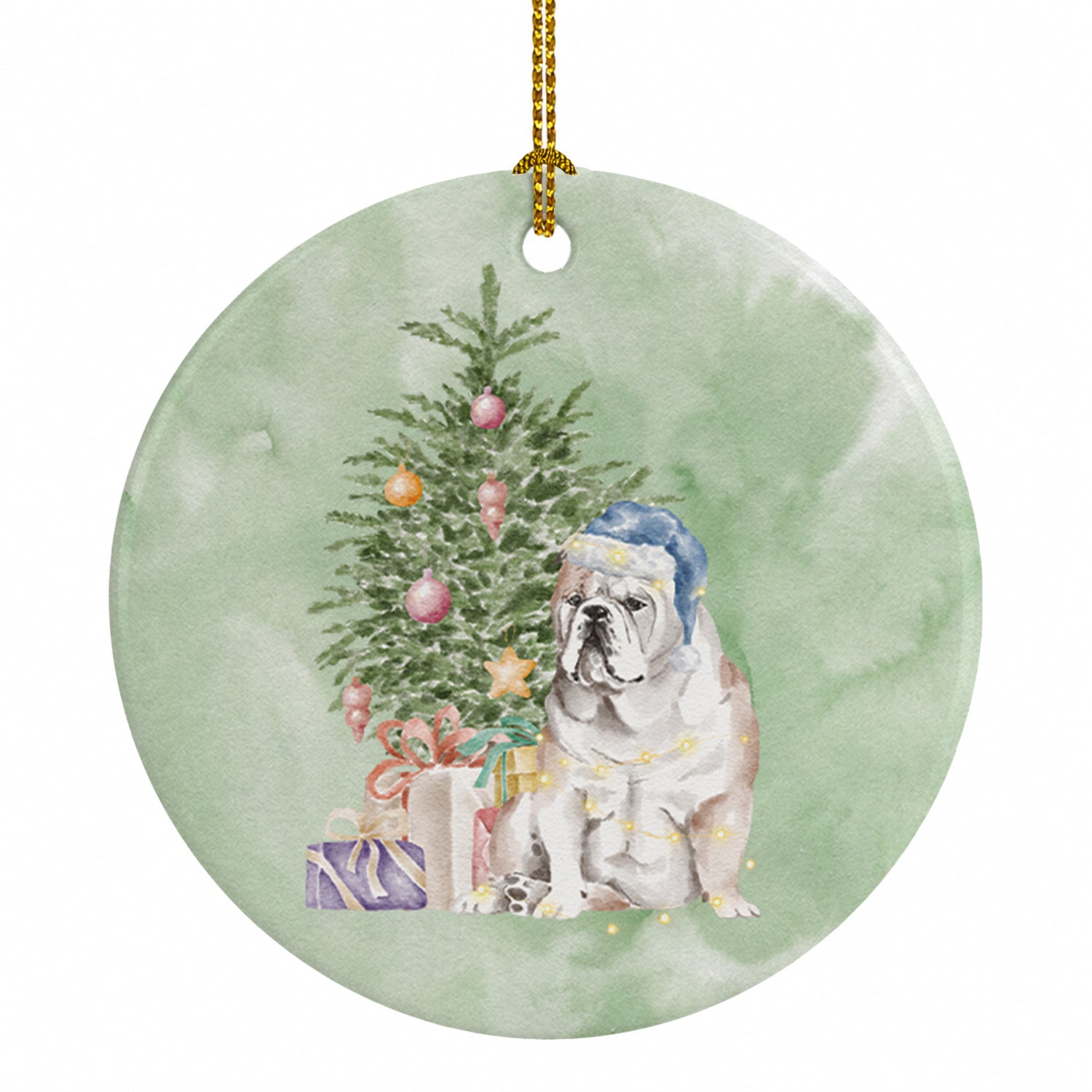 Bulldog, English Bulldog Christmas Presents and Tree Ceramic Ornament Christmas Tree Hanging Decorations for Home Christmas Holiday, Party, Gift, 3 in, Multicolor