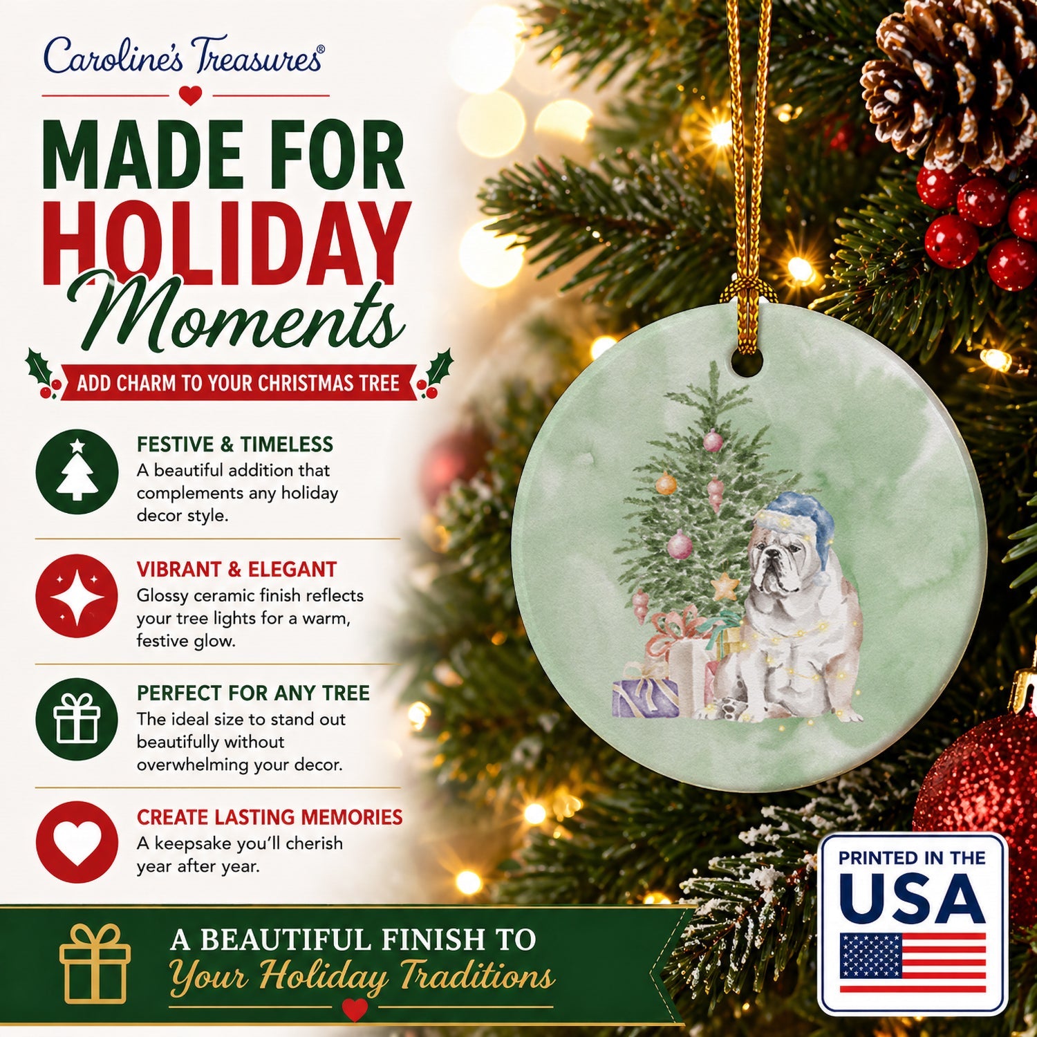 Bulldog, English Bulldog Christmas Presents and Tree Ceramic Ornament Christmas Tree Hanging Decorations for Home Christmas Holiday, Party, Gift, 3 in, Multicolor
