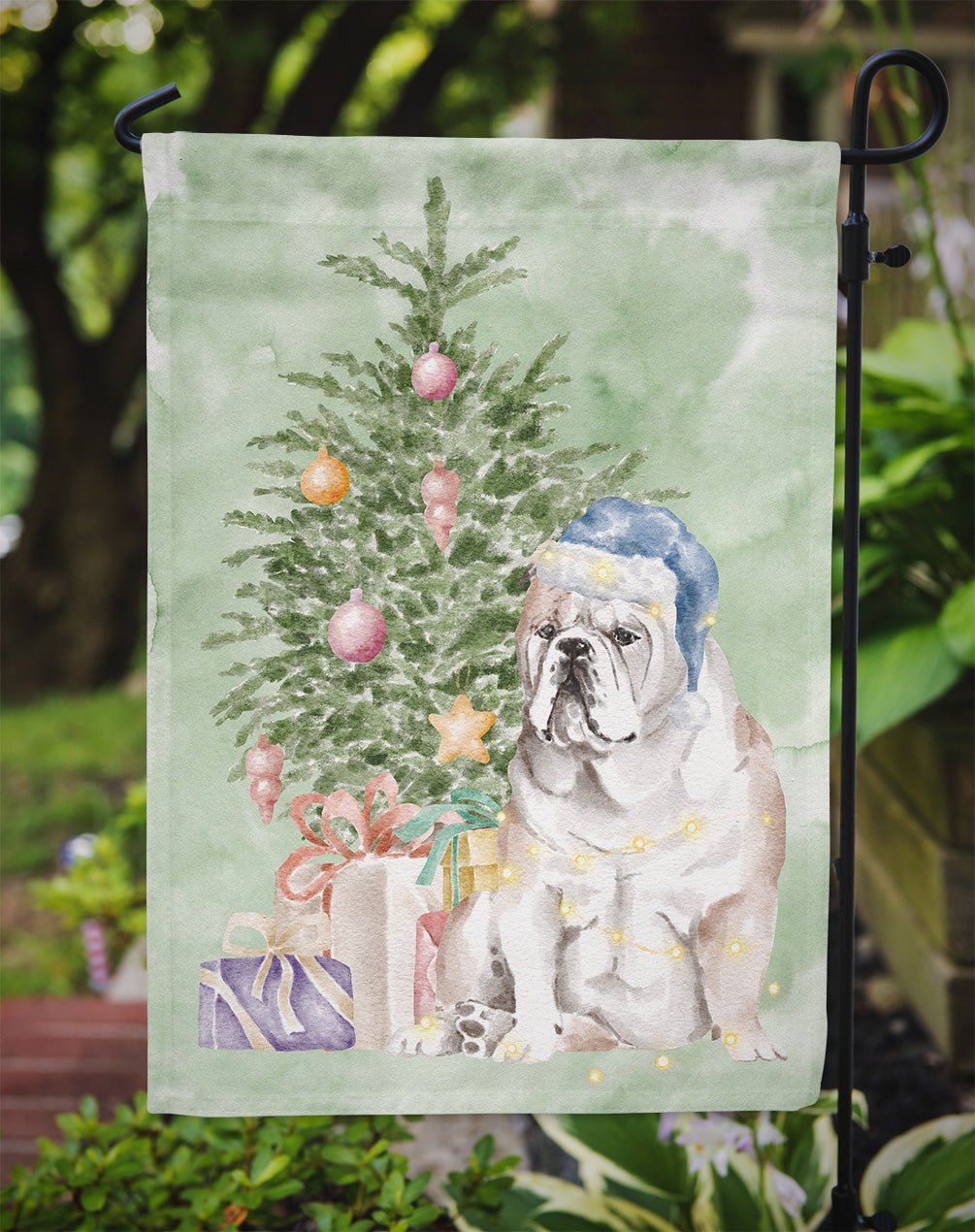 Bulldog, English Bulldog Christmas Presents and Tree Garden Flag Mailbox Decorative Yard Banner Outside Patio Artwork for Flower Beds, Garden Size, Multicolor