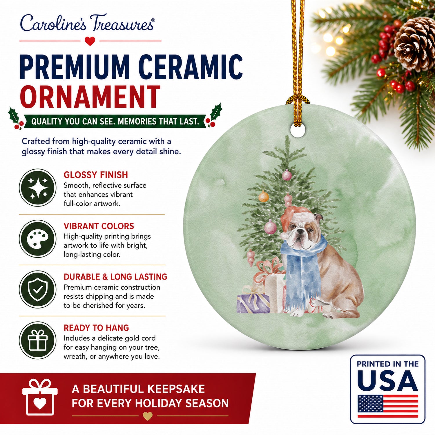 Bulldog, English Bulldog #2 Christmas Presents and Tree Ceramic Ornament Christmas Tree Hanging Decorations for Home Christmas Holiday, Party, Gift, 3 in, Multicolor
