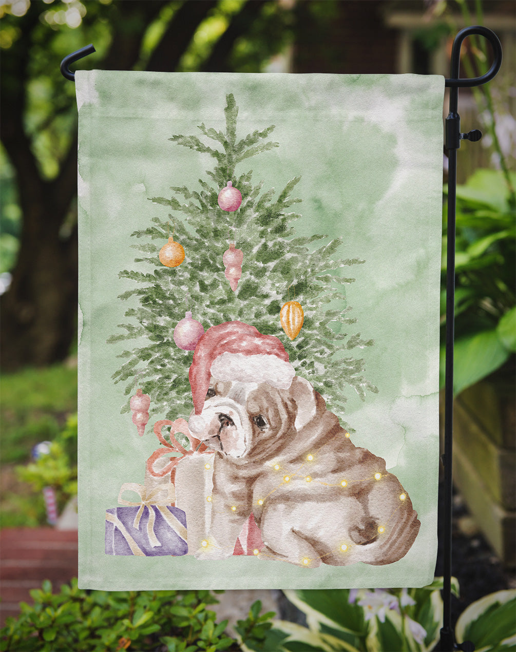 Bulldog, English Bulldog Puppy Christmas Presents and Tree Garden Flag Mailbox Decorative Yard Banner Outside Patio Artwork for Flower Beds, Garden Size, Multicolor