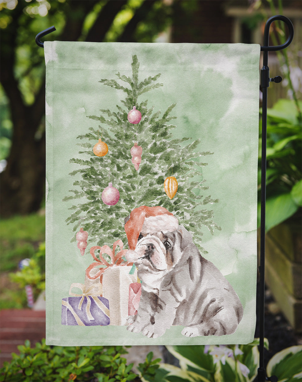 Bulldog, English Bulldog Puppy #2 Christmas Presents and Tree Garden Flag Mailbox Decorative Yard Banner Outside Patio Artwork for Flower Beds, Garden Size, Multicolor