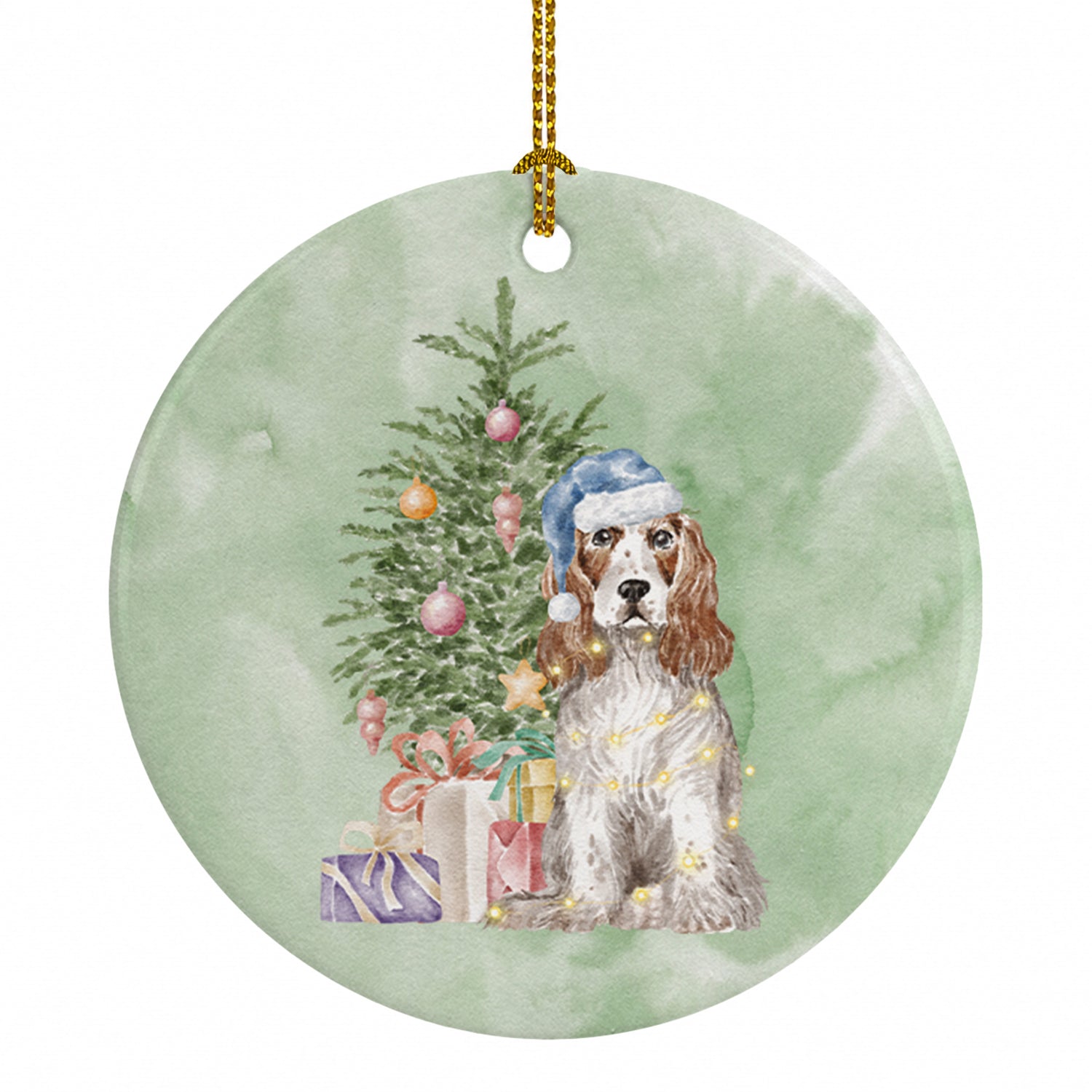 Cocker Spaniel English Red White Christmas Presents and Tree Ceramic Ornament Christmas Tree Hanging Decorations for Home Christmas Holiday, Party, Gift, 3 in, Multicolor