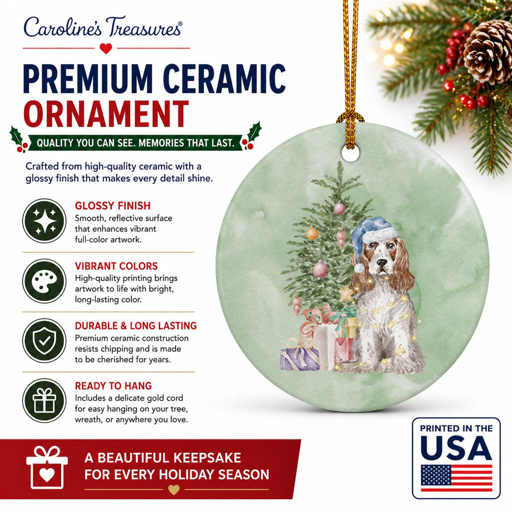 Cocker Spaniel English Red White Christmas Presents and Tree Ceramic Ornament Christmas Tree Hanging Decorations for Home Christmas Holiday, Party, Gift, 3 in, Multicolor