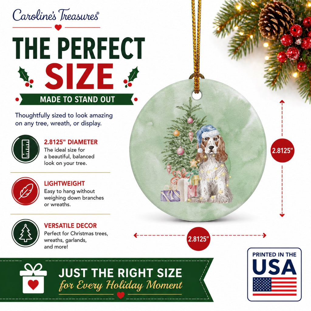 Cocker Spaniel English Red White Christmas Presents and Tree Ceramic Ornament Christmas Tree Hanging Decorations for Home Christmas Holiday, Party, Gift, 3 in, Multicolor