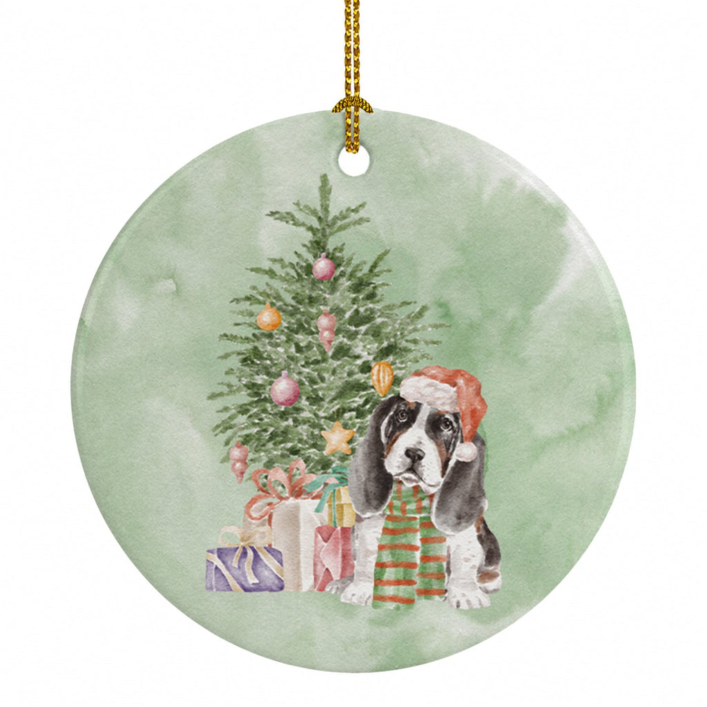 Basset Hound Puppy Christmas Presents and Tree Ceramic Ornament Christmas Tree Hanging Decorations for Home Christmas Holiday, Party, Gift, 3 in, Multicolor