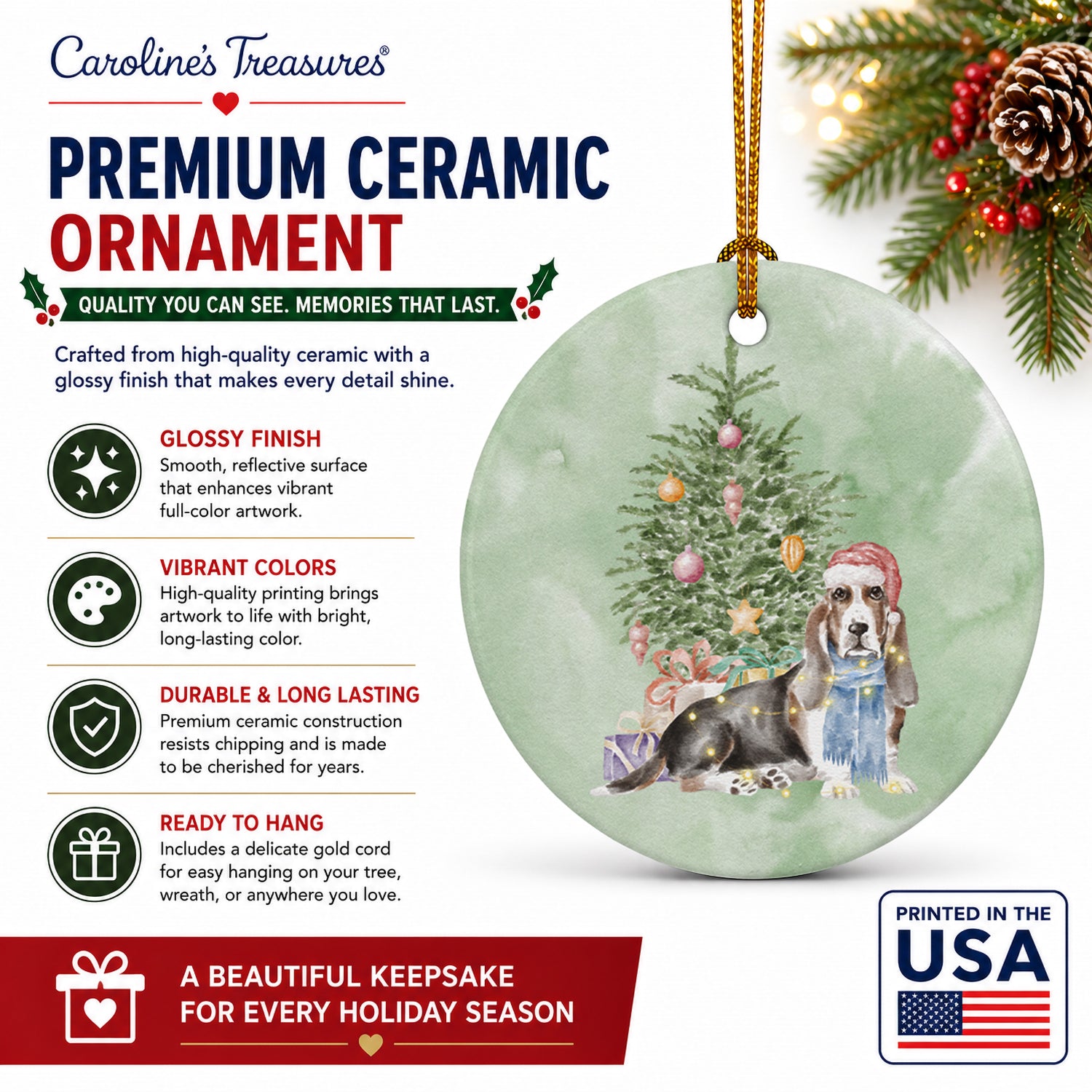 Basset Hound Christmas Presents and Tree Ceramic Ornament Christmas Tree Hanging Decorations for Home Christmas Holiday, Party, Gift, 3 in, Multicolor